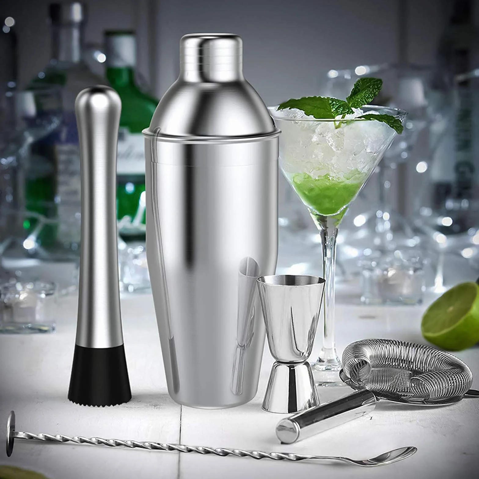 Shaker Cocktail Set 750 ml, 17 sztuk Barman zestaw ze stali nierdzewnej, profesjonalny kompletny zestaw Barman, zestaw narzędzi do baru z kryształową półką, przepis, do domu, baru i na imprezy