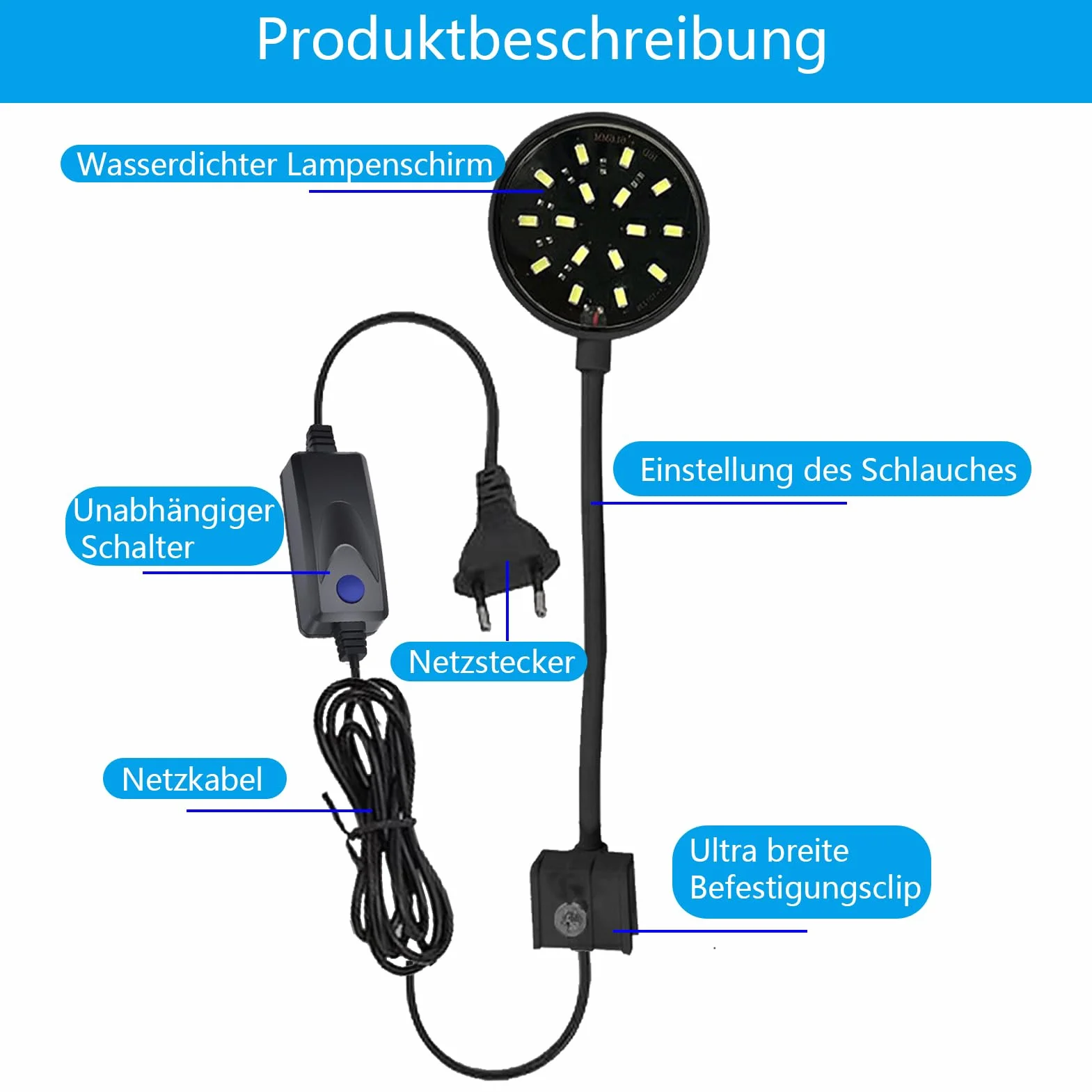 GERUI 2 sztuki czarnych mis LED do akwarium 7W białe światło