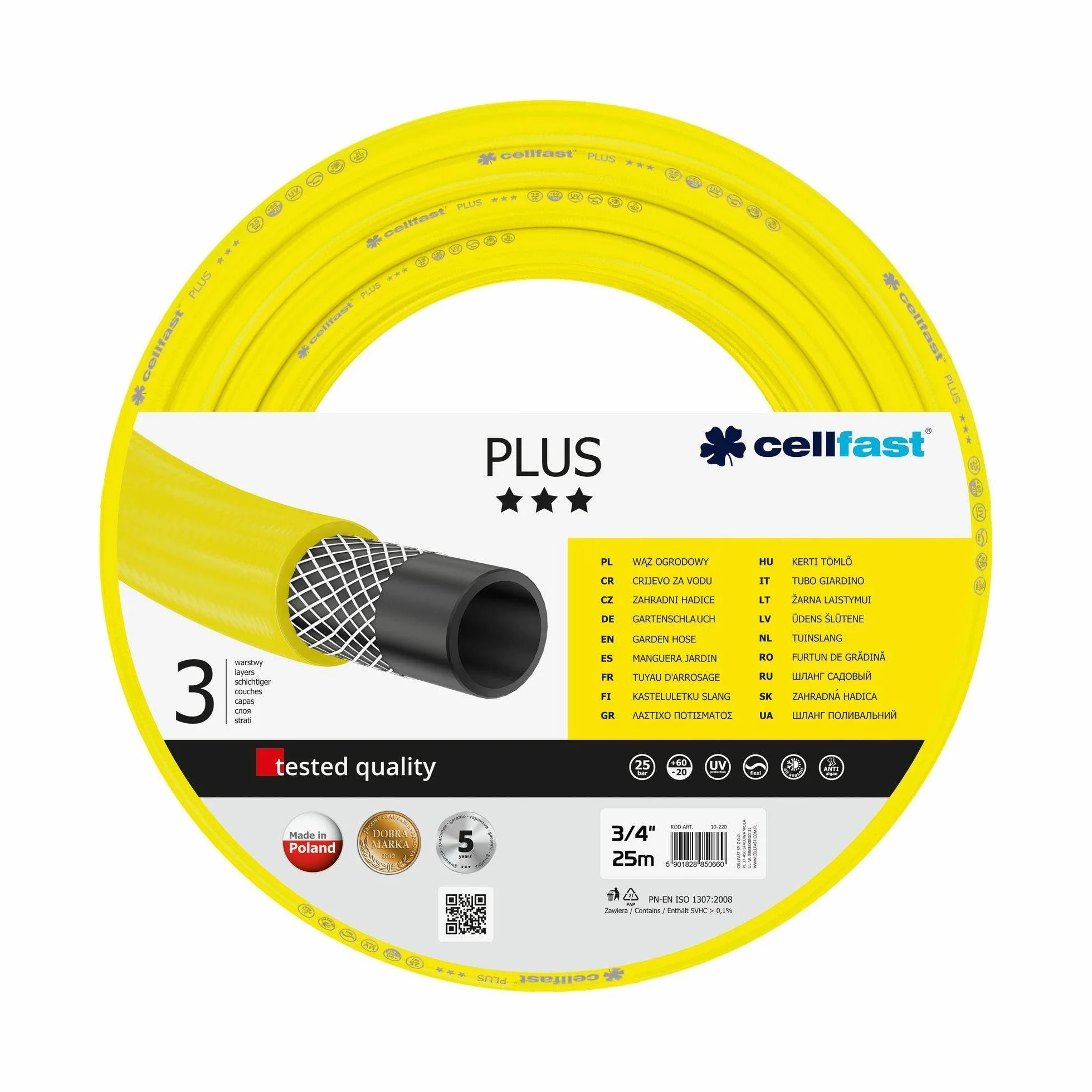 Cellfast Wąż Ogrodowy Plus - 3-Warstwowy - Wytrzymały - 3/4" 25 m - Nawadnianie Ogrodu
