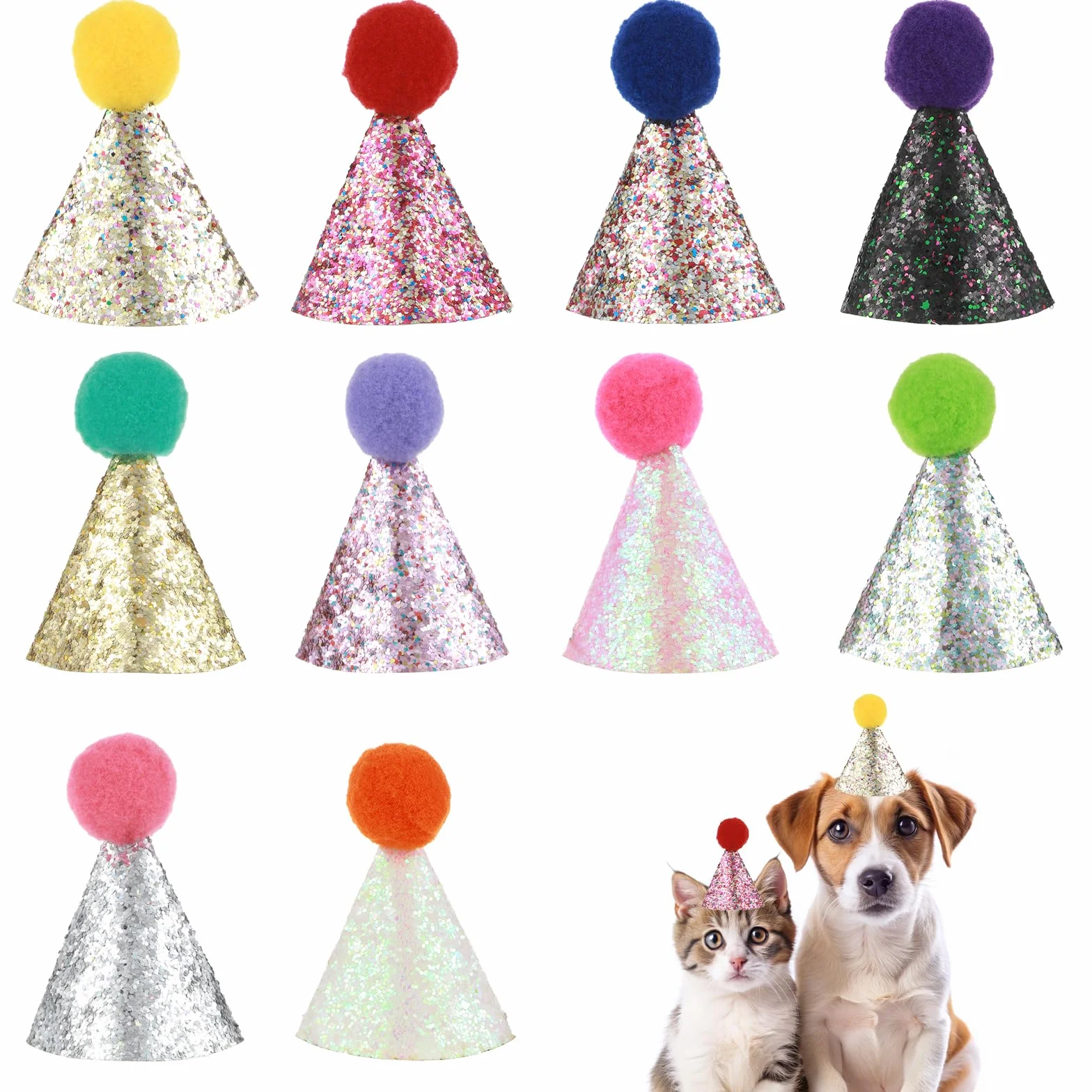 10 szt. czapka urodzinowa dla kota, mini czapki imprezowe dla wypchanych zwierząt, mini czapki urodzinowe dla kociąt, kotów, psów, królików, małych zwierząt, misia