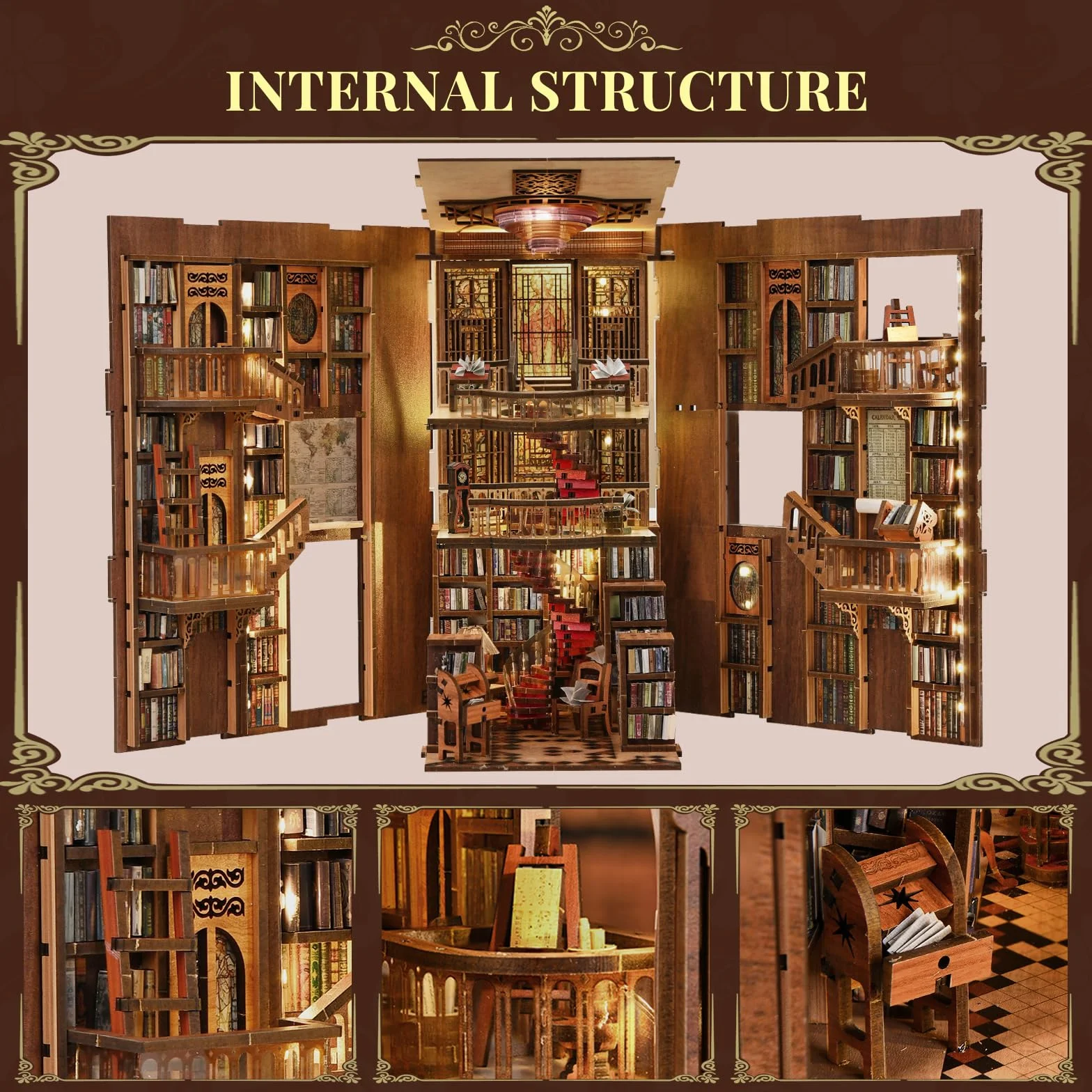 Zestaw MiniCity Book Nook, zestaw DIY do miniaturowego domku dla lalek Booknook, 3D puzzle z drewna, wkładka do książek, regał, dekoracja dla młodzieży i dorosłych (Biblioteka Abbey)