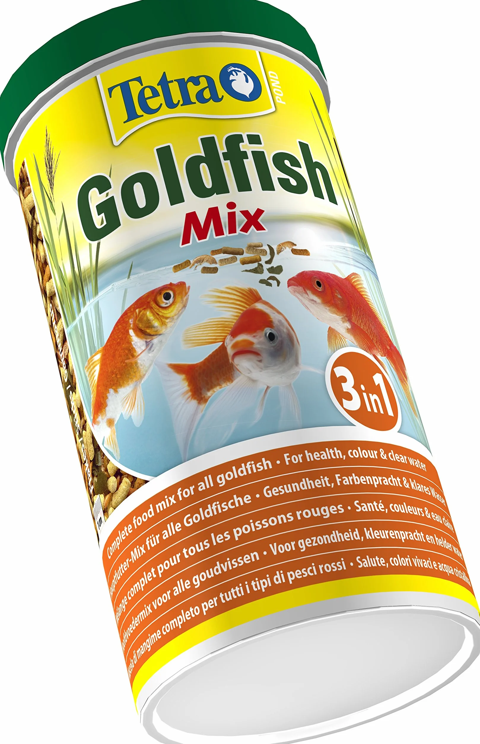 Tetra Pond Goldfish karma dla ryb – miks 3 w 1 z płatkami, patyczkami i gammarusem dla wszystkich złotych ryb i ryb z zimnej wody w oczku wodnym, puszka 1 l