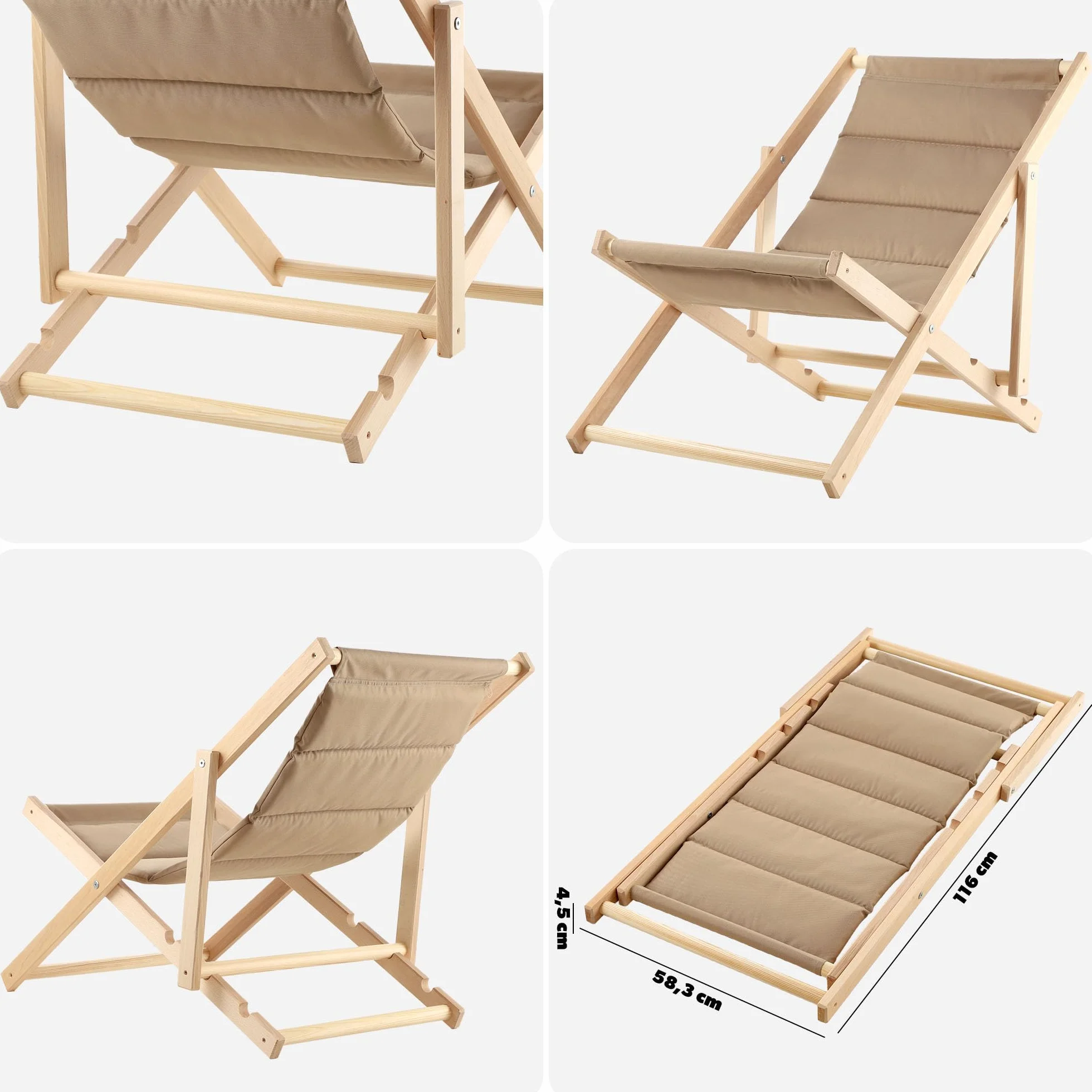 KADAX Leżak drewniany nośność 120 kg cappuccino, bukowy stelaż składany, z zagłówkiem, wygodny wypoczynek na plaży, tarasie i balkonie