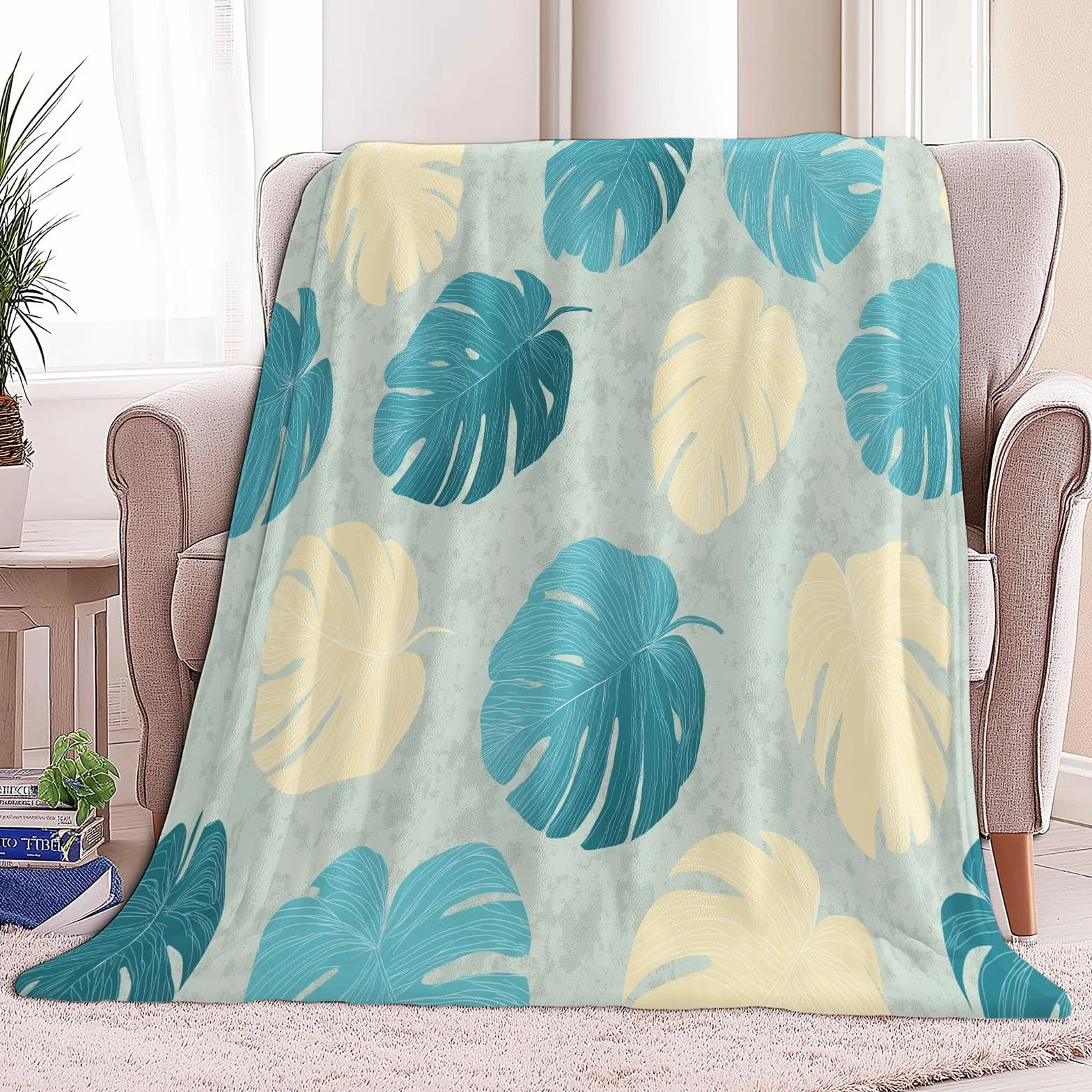Vintage Monstera Flanelowy Koc Polarowy Liść Tekstura Krata, Narzuta na sofę Wygodny Dwuosobowy Koc na łóżko Zimowy pled 220 x 240 cm Kremowy