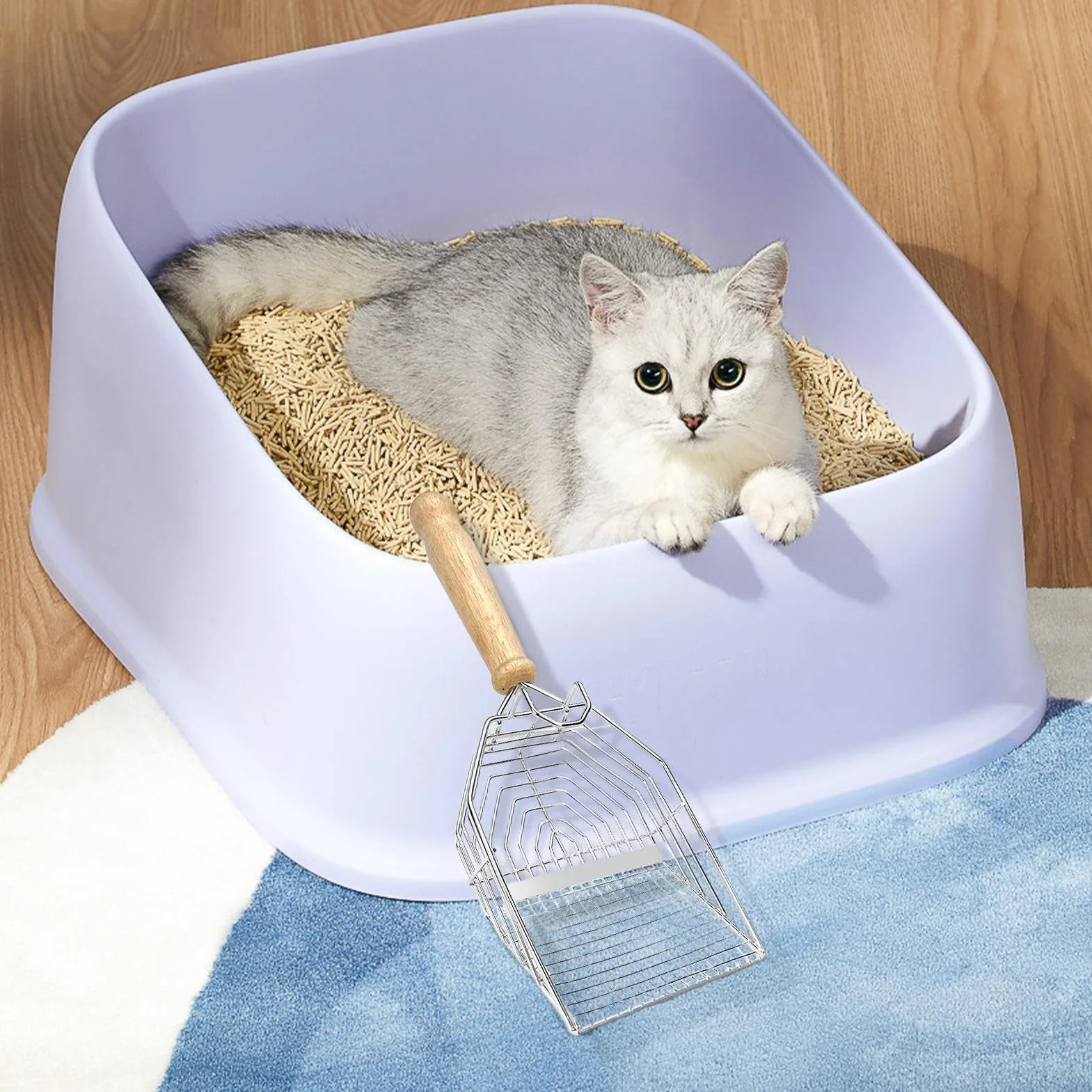 Kitty Scooper Długa rączka Litter Sifter, stal nierdzewna, łyżka do butów dla kota, 11,57 x 4,53 x 2,2 cala, Biały