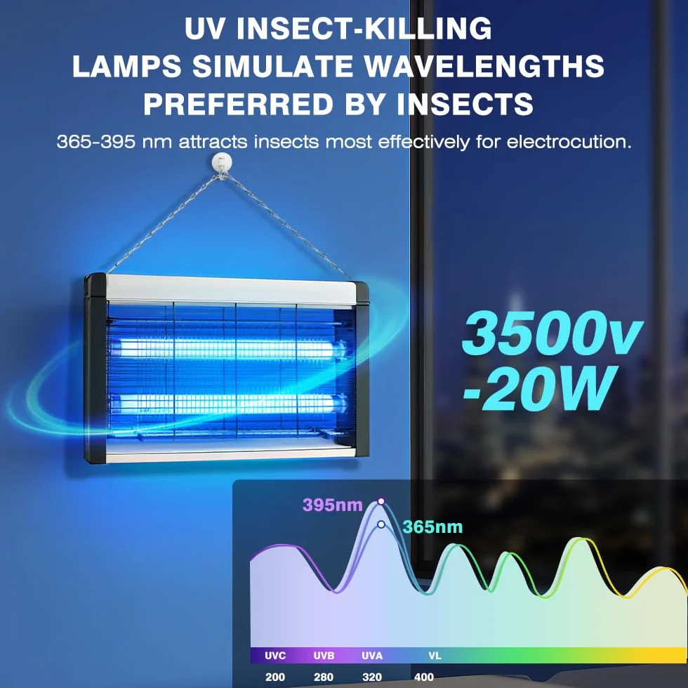 Elektryczna pułapka na owady, moc 3500 V i 20 W, UV, elektryczna pułapka na muchy, lampa na komary z tacą nadającą się do prania i łańcuchem do zawieszania, nadaje się do sypialni, salonu, jadalni