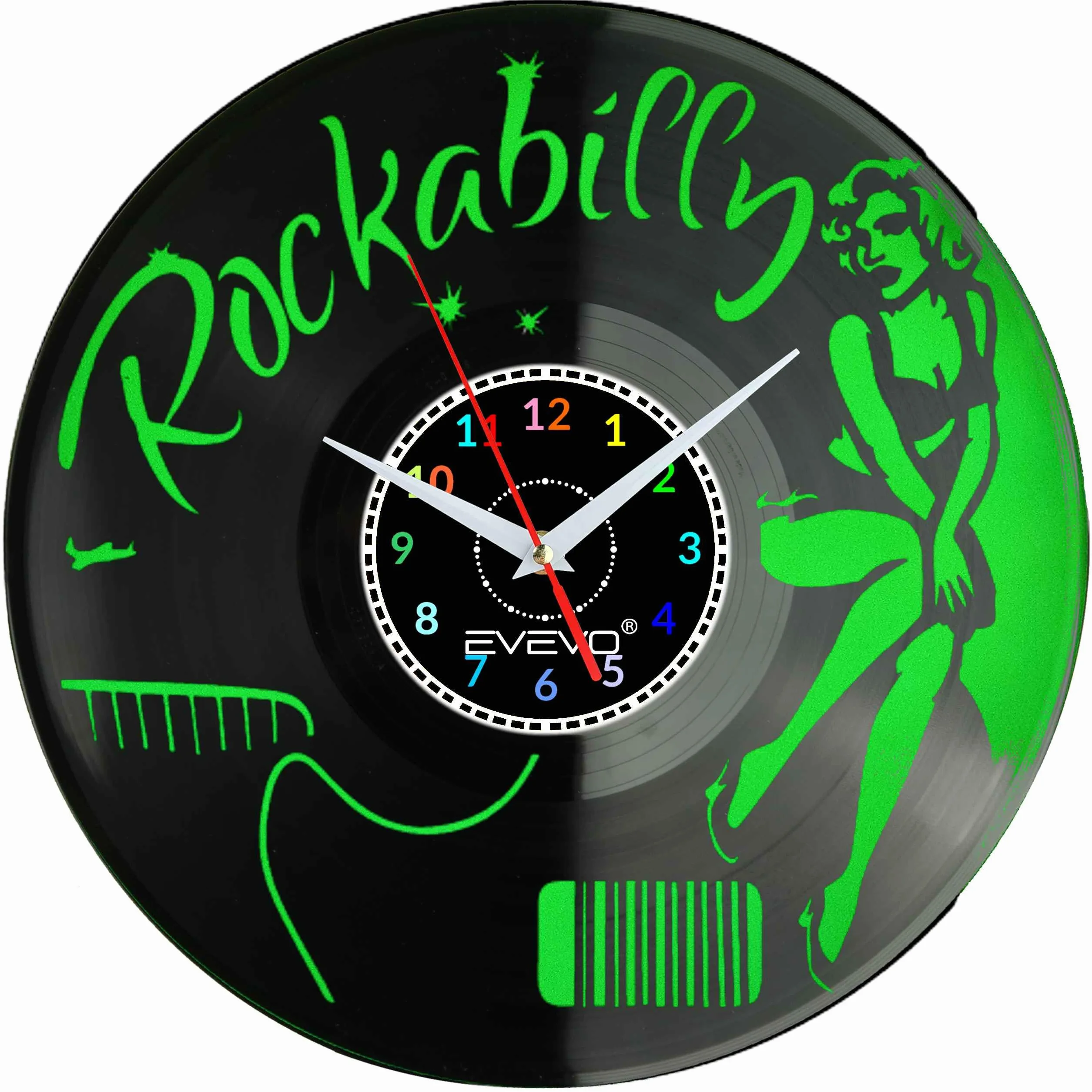 ZEGAR ŚCIENNY ROCKABILLY ROCK 'n' ROLL FLUORESCENCYJNE TŁO PŁYTA WINYLOWA PREZENT UPOMINEK URODZINY EVEVO F0017