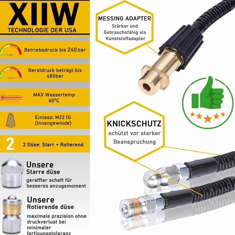 Sonda do myjki ciśnieniowej 20 m 200 bar - sonda do czyszczenia rur kompatybilna z Kranzle Karcher K2, K3, K4, K5, K6, K7 - stała dysza, dysza obrotowa, adapter miedziany M22