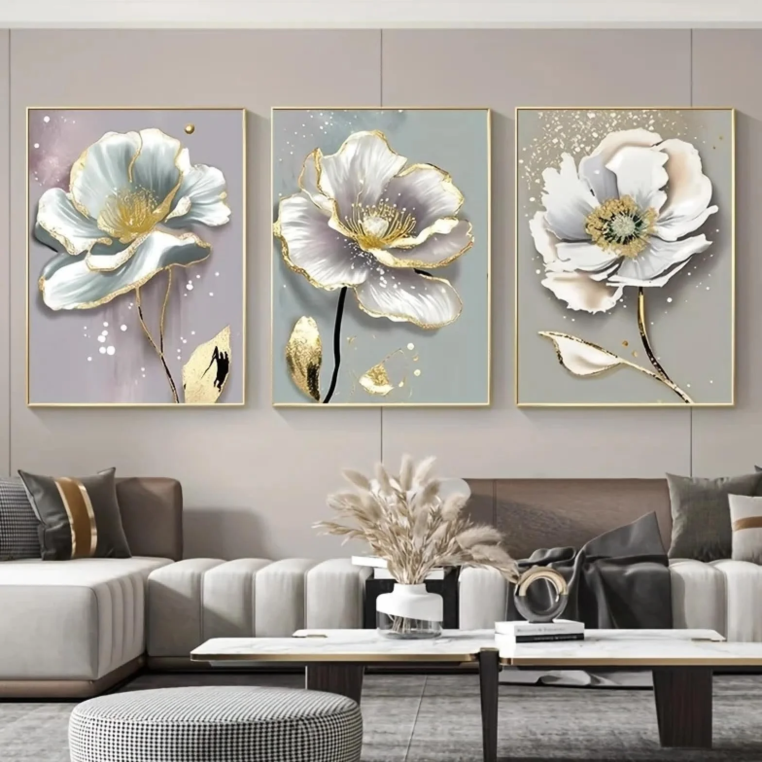 XINBAO Sztuka abstrakcyjna Splash złota farba kwiaty płótno obraz ścienny HD wydruki plakaty nordycki minimalizm do salonu dekoracja domu 80 x 110 cm x 3 bez ramy