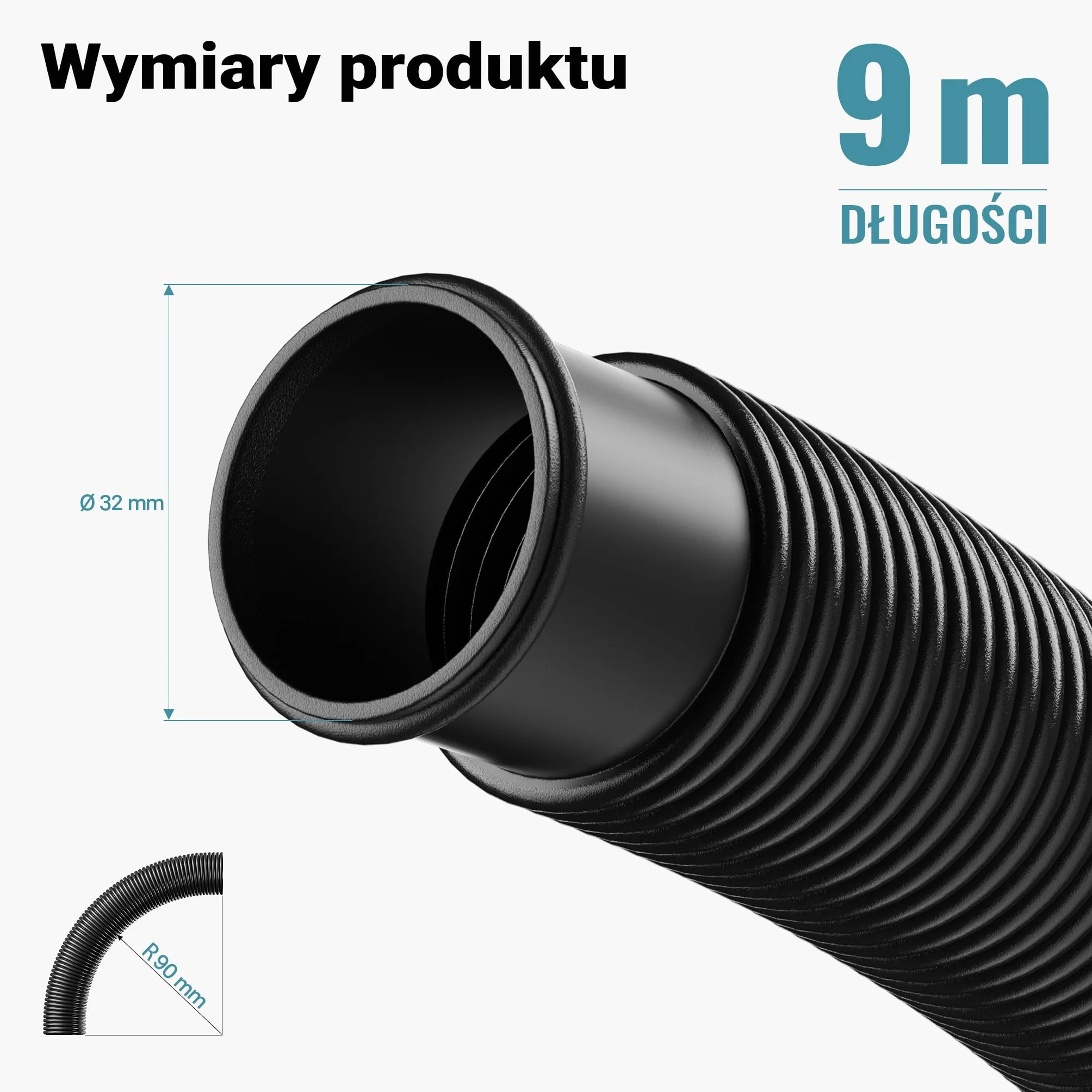 Wiltec Wąż do basenu o długości 9 m, Ø 32 mm czarny wąż ssący do pompy basenowej z mufami, wąż solarny - Made in EU