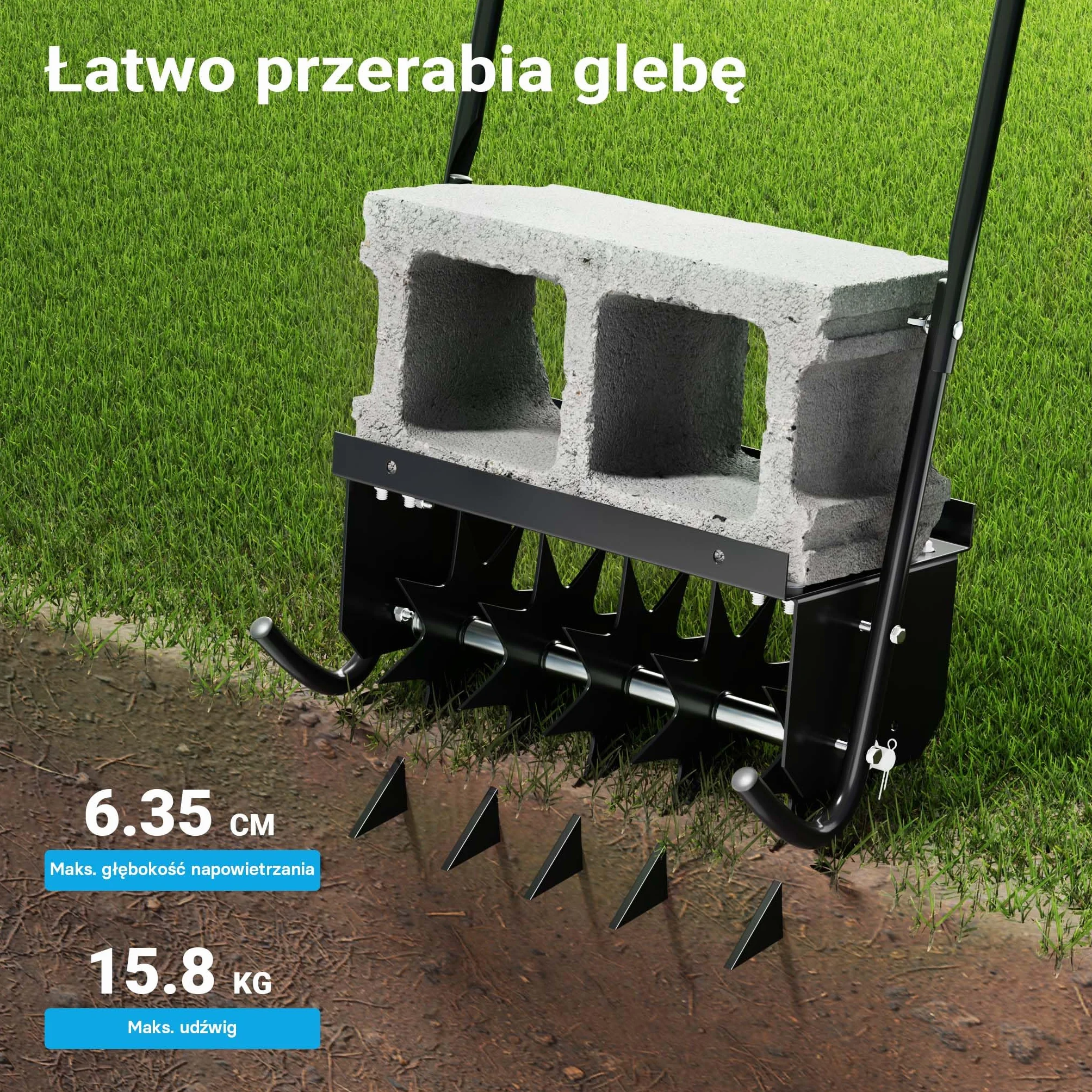 Wiltec Wertykulator do trawnika o szerokości roboczej 40 cm i głębokości 6,4 cm, czarny aerator ręczny z 5 stalowymi tarczami kolczastymi do napowietrzania