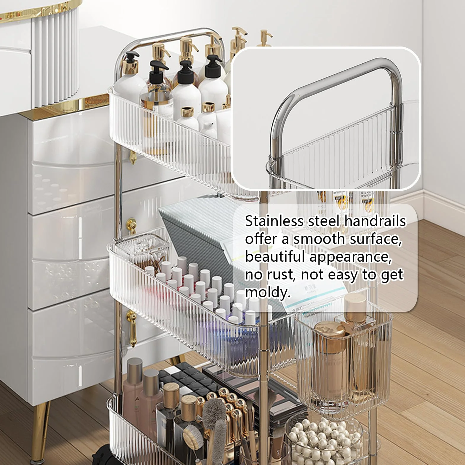 4-poziomowy wózek do przechowywania na kółkach z kółkami i wiszącym koszem, mobilne półki do biura, łazienki, kuchni, rozwiązanie do przechowywania narzędzi