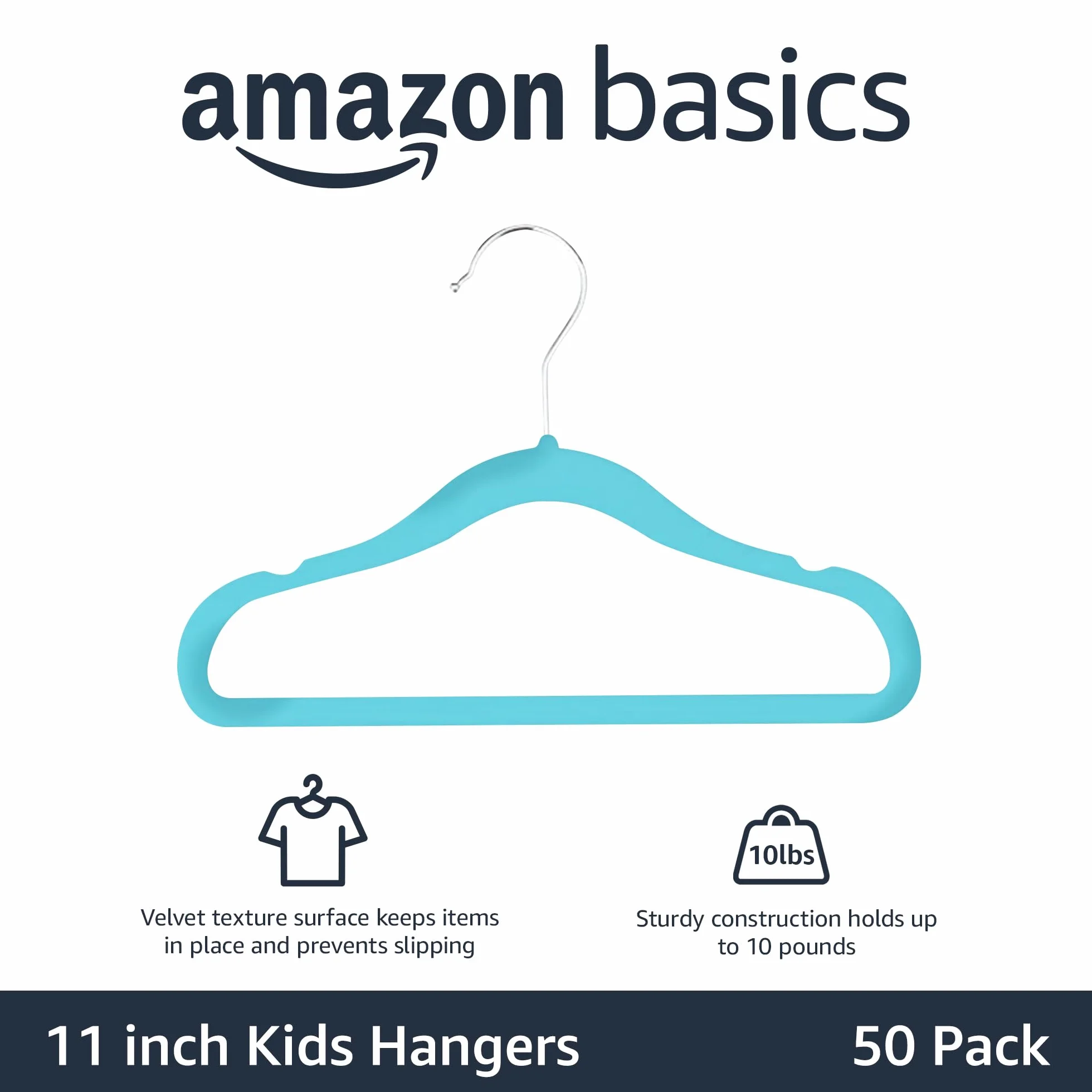Aksamitne Antypoślizgowe Wieszaki na Ubrania dla Niemowląt i Małych Dzieci Amazon Basics Kids, 29,5 cm (11,6 cala), Opakowanie 50 Sztuk, Niebieski