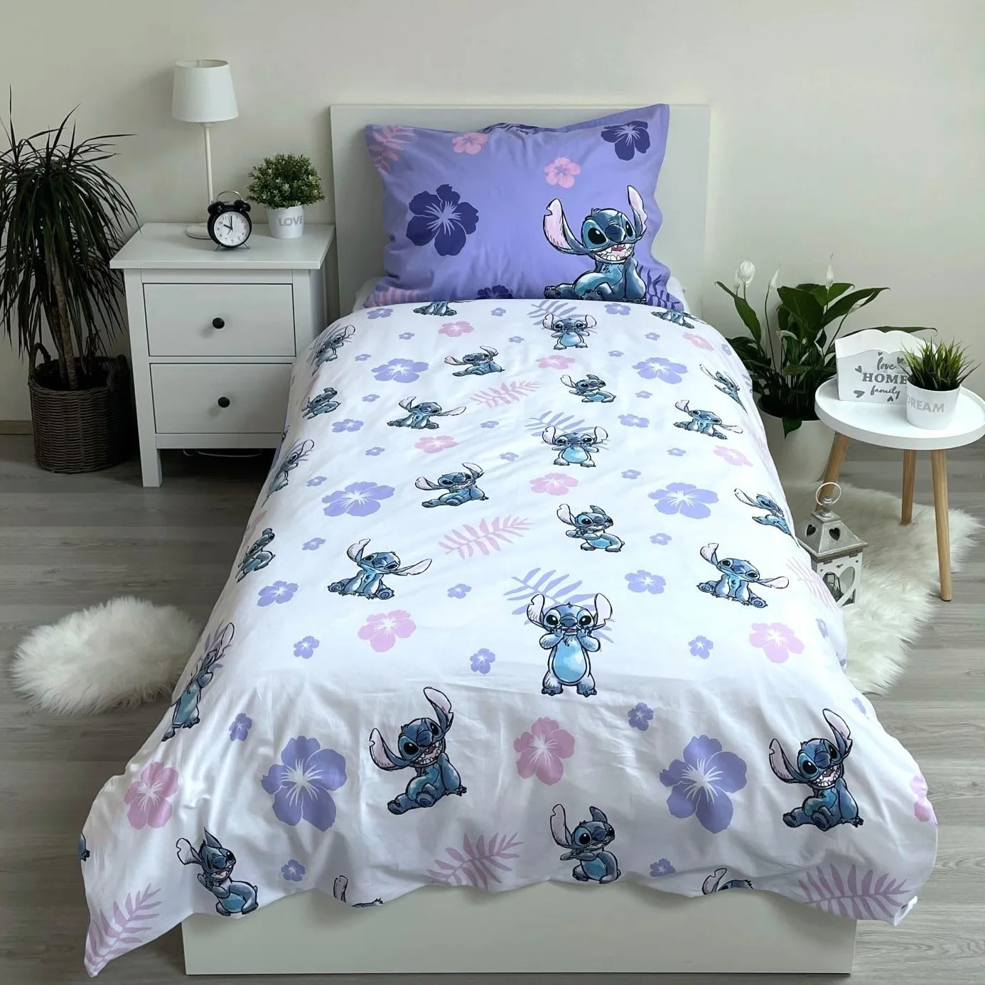 Jerry Fabrics Pościel dziecięca, pościel dwustronna, lilia i ścieg z kwiatami liliowa, poszewka na kołdrę 140 x 200 cm, poszewka na poduszkę 70 x 90 cm, 100% bawełna