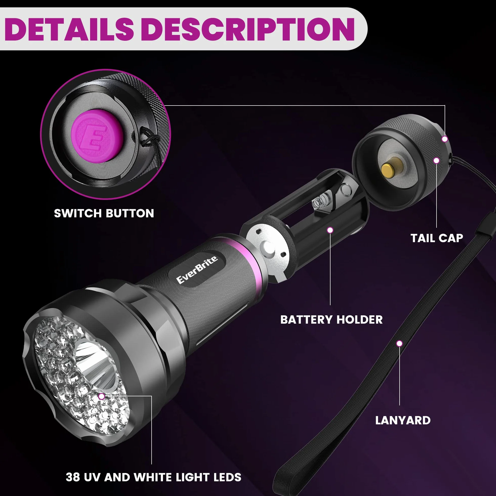 EverBrite Latarka UV 2 w 1 z 38 diodami LED, 395 nm, 300 lm jasności, detektor moczu zwierząt, tester banknotów, zestaw 3 baterii