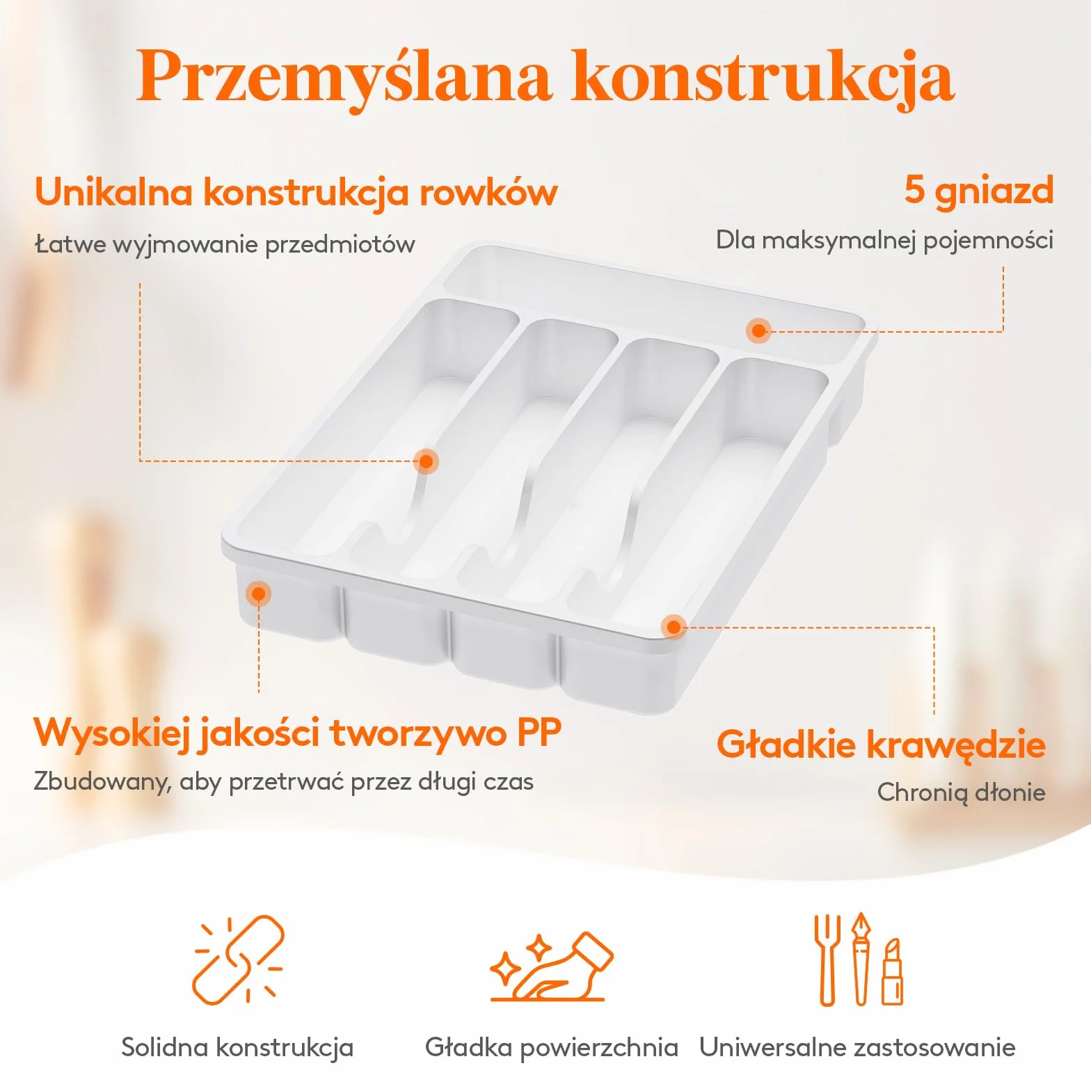 Organizer do szuflady na sztućce Lifewit, Plastikowa taca na sztućce do szuflady kuchennej, Uchwyt, Przegródka na Łyżki, Widelce, Noże, Zastawa stołowa, 5 przegródek, Biały