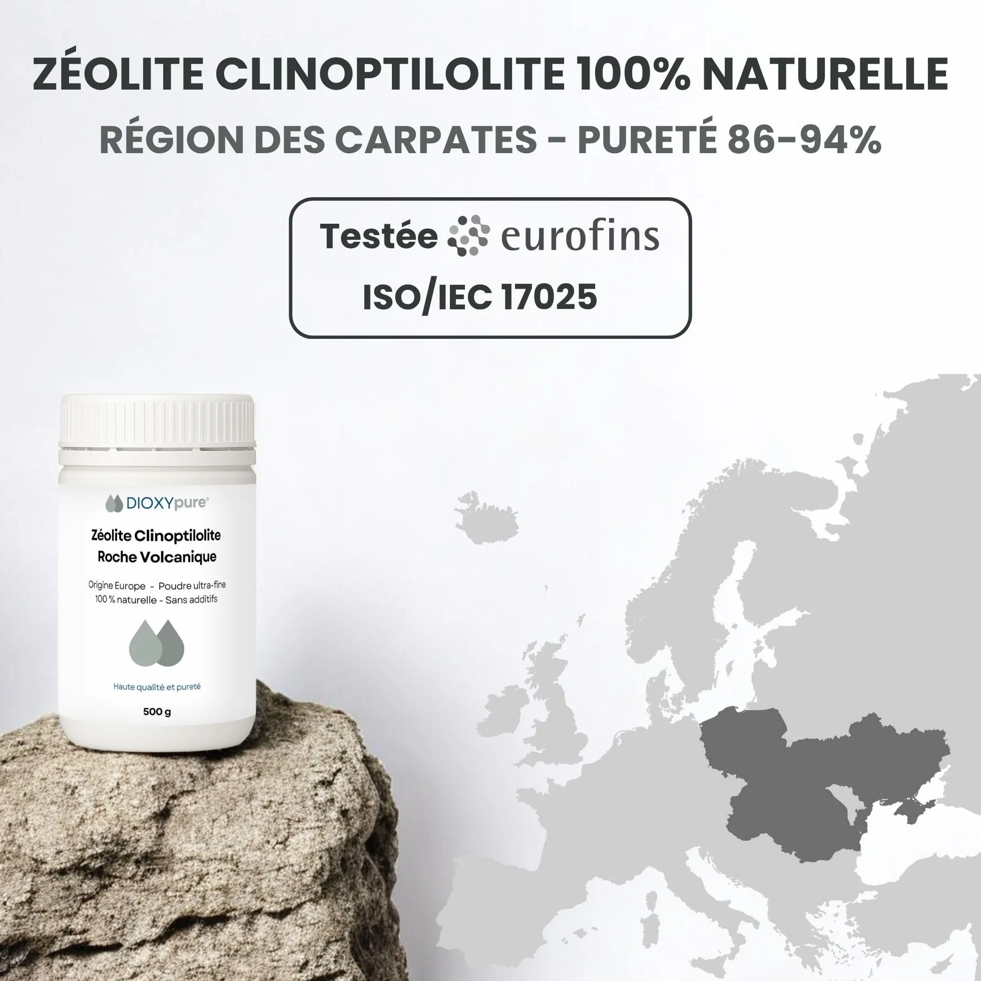 Zeolit, czysta i w 100% naturalna skała wulkaniczna, czystość 94% klinoptylolitu, pochodzenie UE, 500 g, ultra drobny proszek, bez dodatków, testowany i kontrolowany w Niemczech
