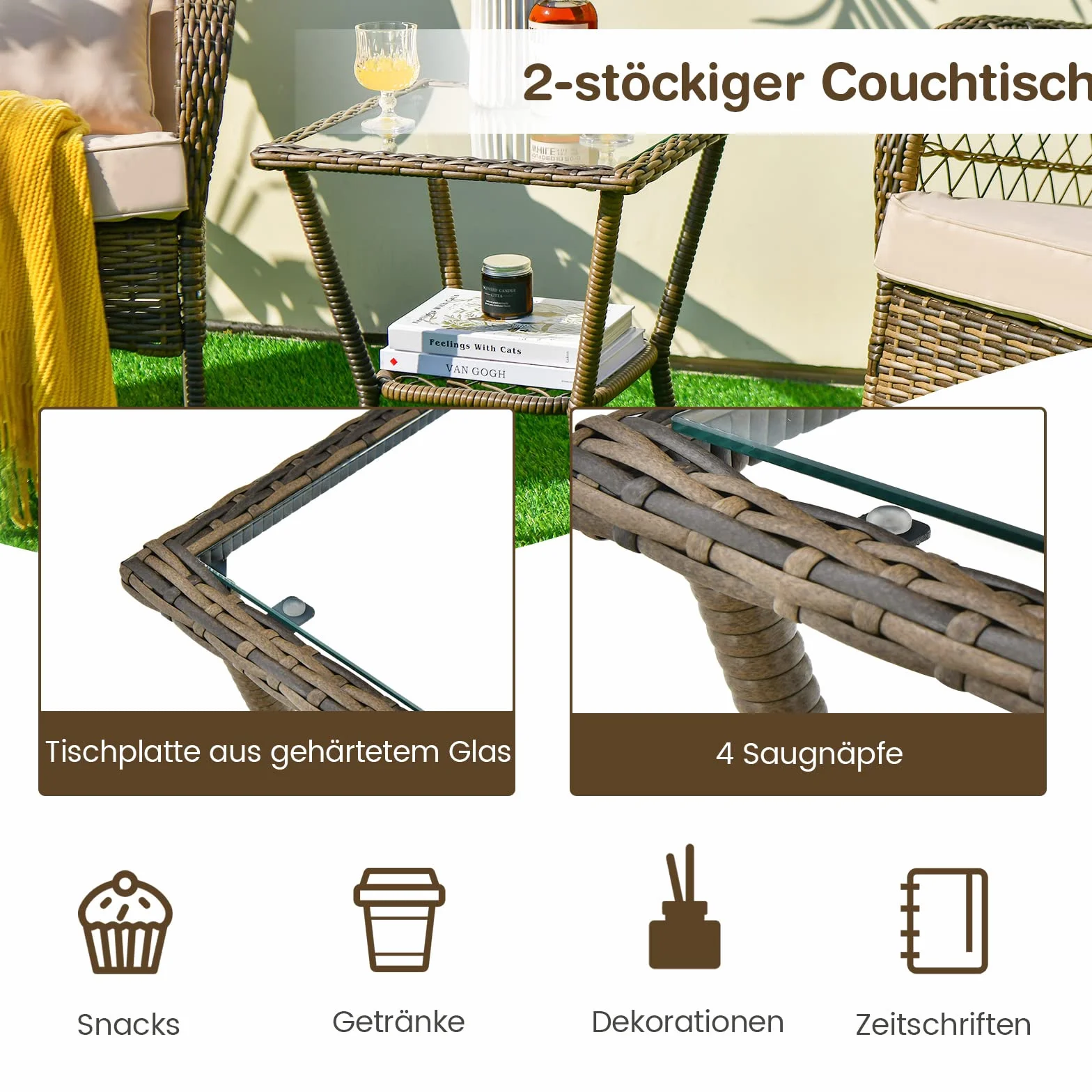 COSTWAY 3-częściowy zestaw mebli ogrodowych, meble balkonowe z poduszkami, zestaw balkonowy z 2 rattanowymi krzesłami i stołem, meble tarasowe na balkon, do ogrodu, na werandę