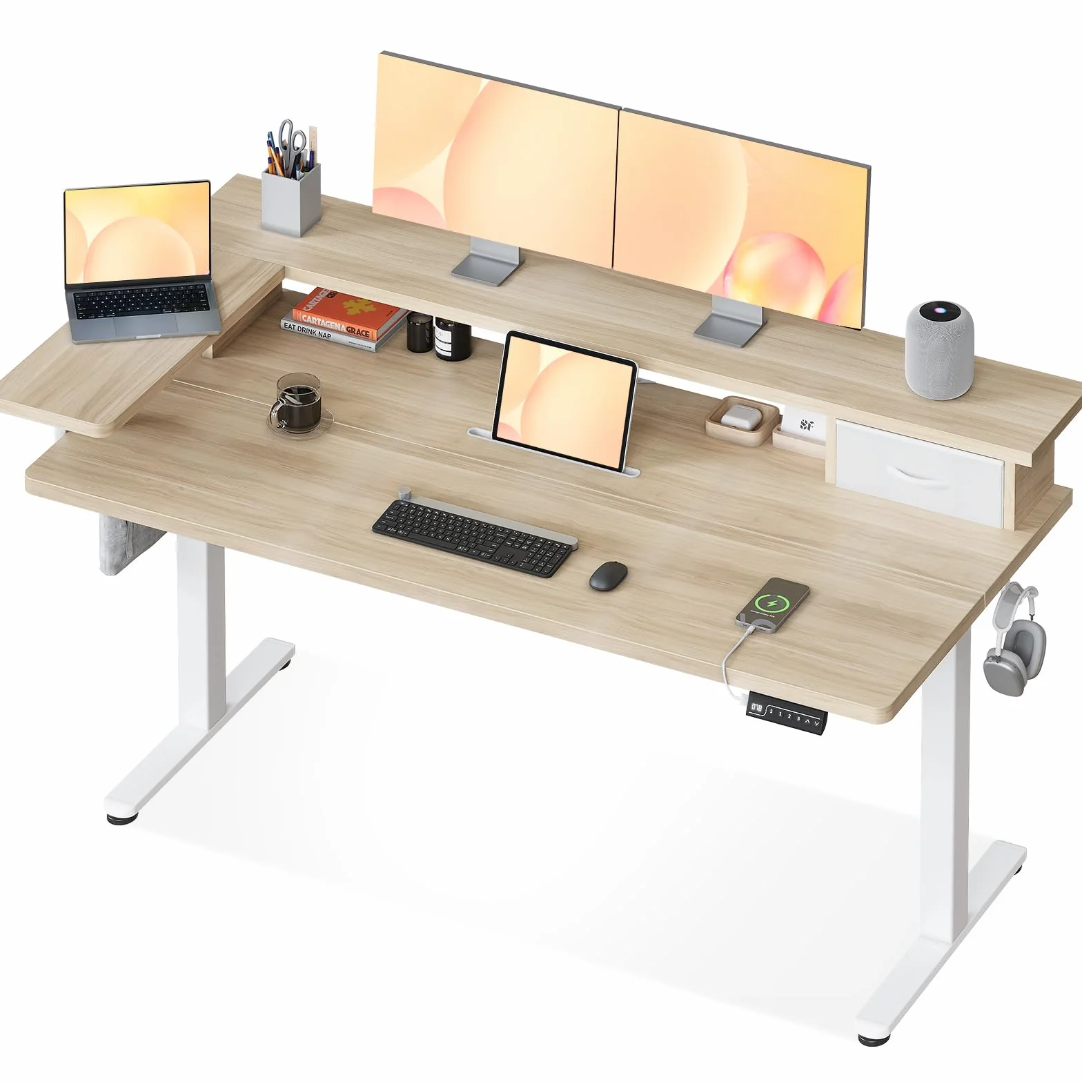 OffiGo Biurko Elektryczne, 140x60cm Elektryczne biurko z regulacją na stojąco z uchwytem na monitor w kształcie L, biurko stojące z szufladą, stół z USB, ergonomiczny standing desk, biały