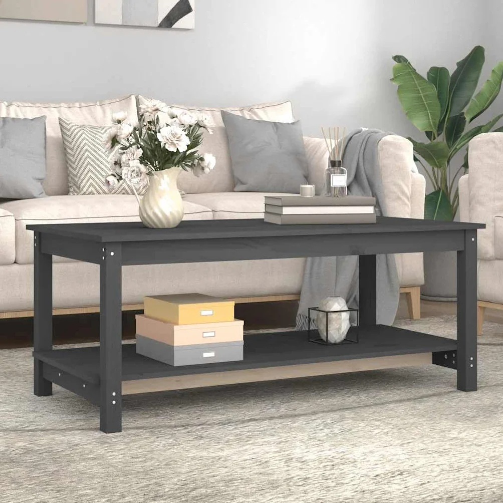 Générique Stolik kawowy z litego drewna sosna szary 110x55x45 cm | Dwupoziomowa konstrukcja, otwarta półka, stabilna rama, uniwersalne zastosowanie w salonie