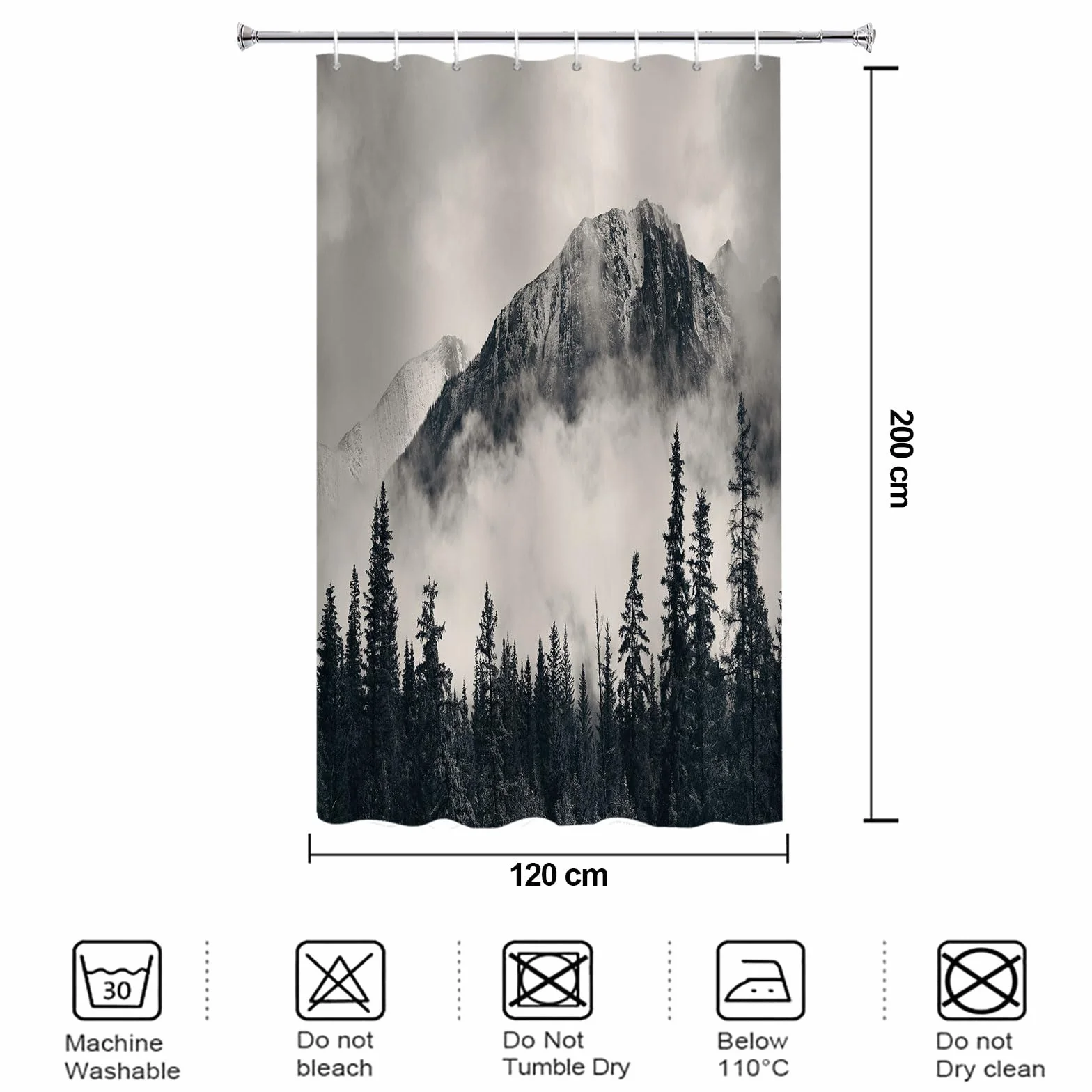 YISURE Wąska tekstylna zasłona prysznicowa na wannę, wodoszczelna, nadaje się do prania, z 8 metalowymi oczkami, 120 x 200 cm (szer. x wys.), naturalny krajobraz chmur, lasu, góry