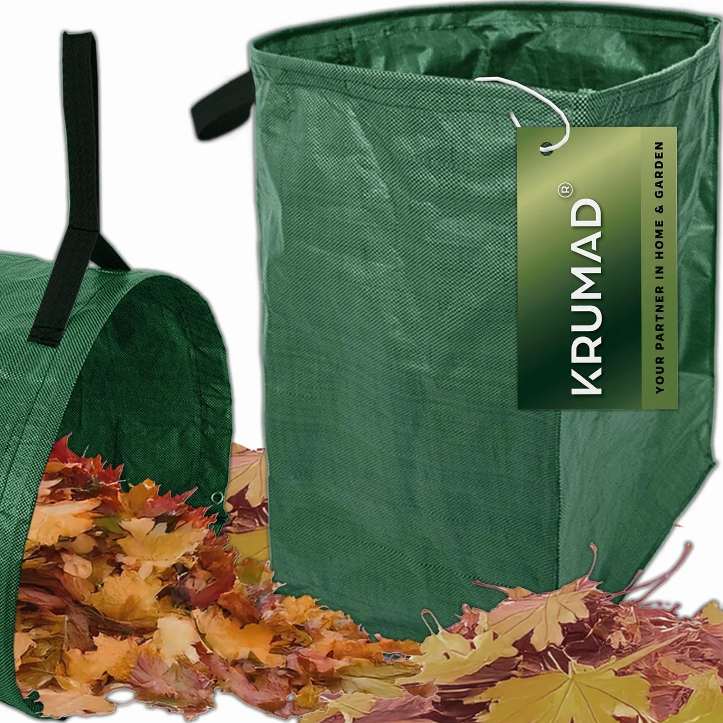 KRUMAD Worek na odpady ogrodowe 200L z 2 uchwytami, 56x43x76 cm, Worek na liście i odpady zielone, Wytrzymały worek ogrodowy PE, Składany, Do ogrodu, liści, trawy, śmieci