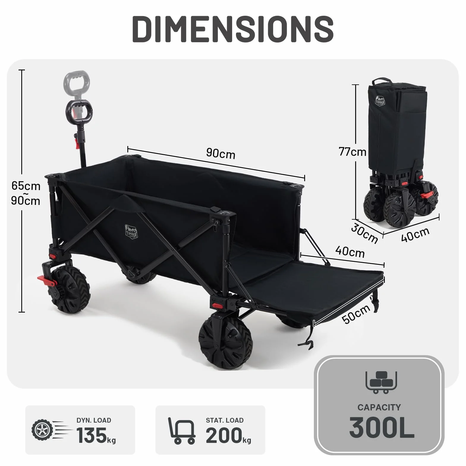 TIMBER RIDGE Wózek festiwalowy, 300 l, z hamulcami, składany wózek plażowy z tylną klapą, składany wózek 135 kg, zdejmowane szerokie koła i regulowany uchwyt, do użytku na zewnątrz, na kemping, do