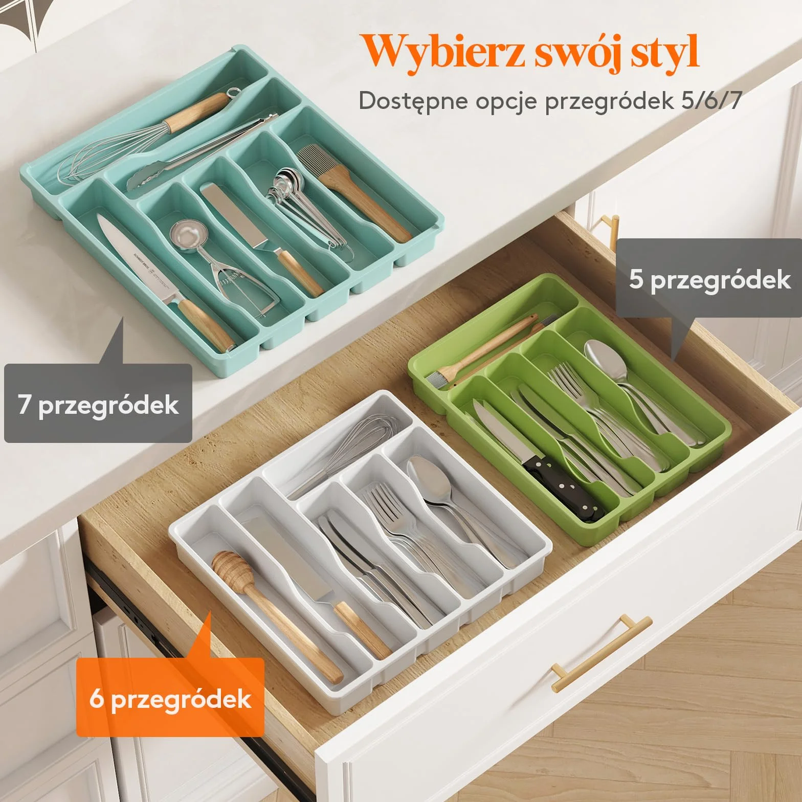 Organizer do szuflady na sztućce Lifewit, Plastikowa taca na sztućce do szuflady kuchennej, Uchwyt, Przegródka na Łyżki, Widelce, Noże, Zastawa stołowa, 6 przegródek, Biały