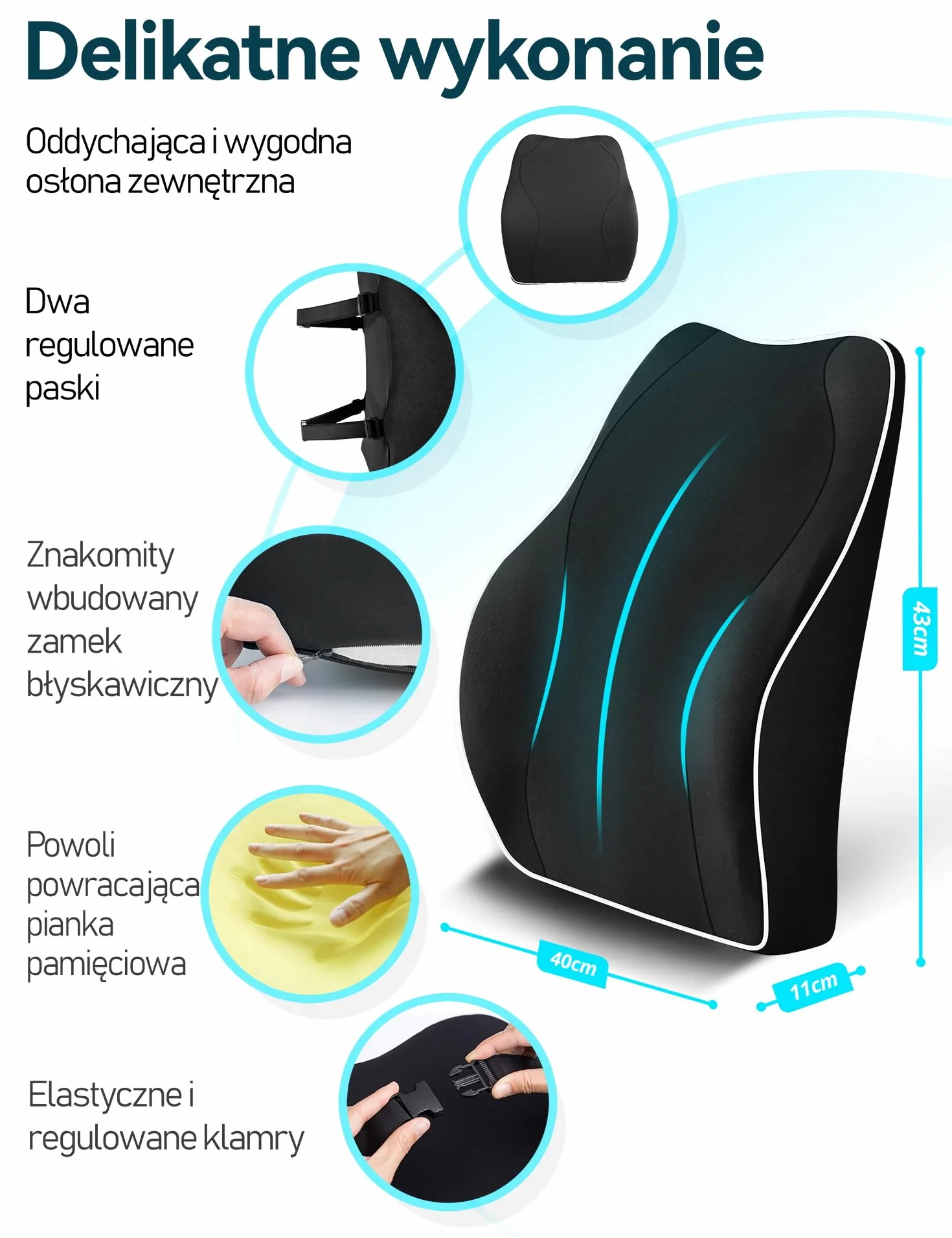 TRAVEL EASE Ergonomiczna Poduszka Lędźwiowa, Podparcie Pleców z Pianki Zapamiętującej Kształt do Fotela Samochodowego Krzesło Biurowe, Oparcie z Antystatyczną Osłoną i Regulowanymi Paskami, Czarny