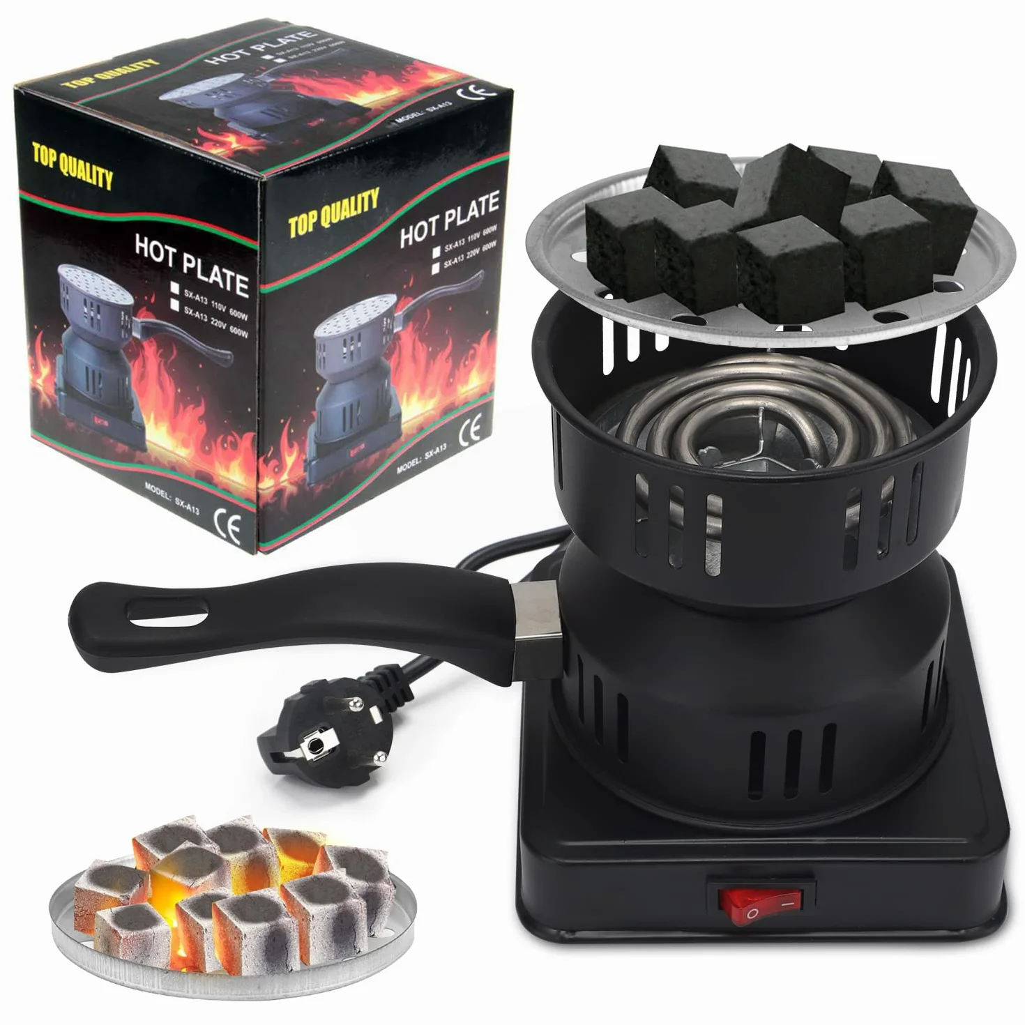 Gohytal Podpałka do węgla drzewnego, podpałka do węgla drzewnego, piec na węgiel drzewny, podpałka do grilla z długim kablem, 450–600 W, elektryczny grill na węgiel drzewny