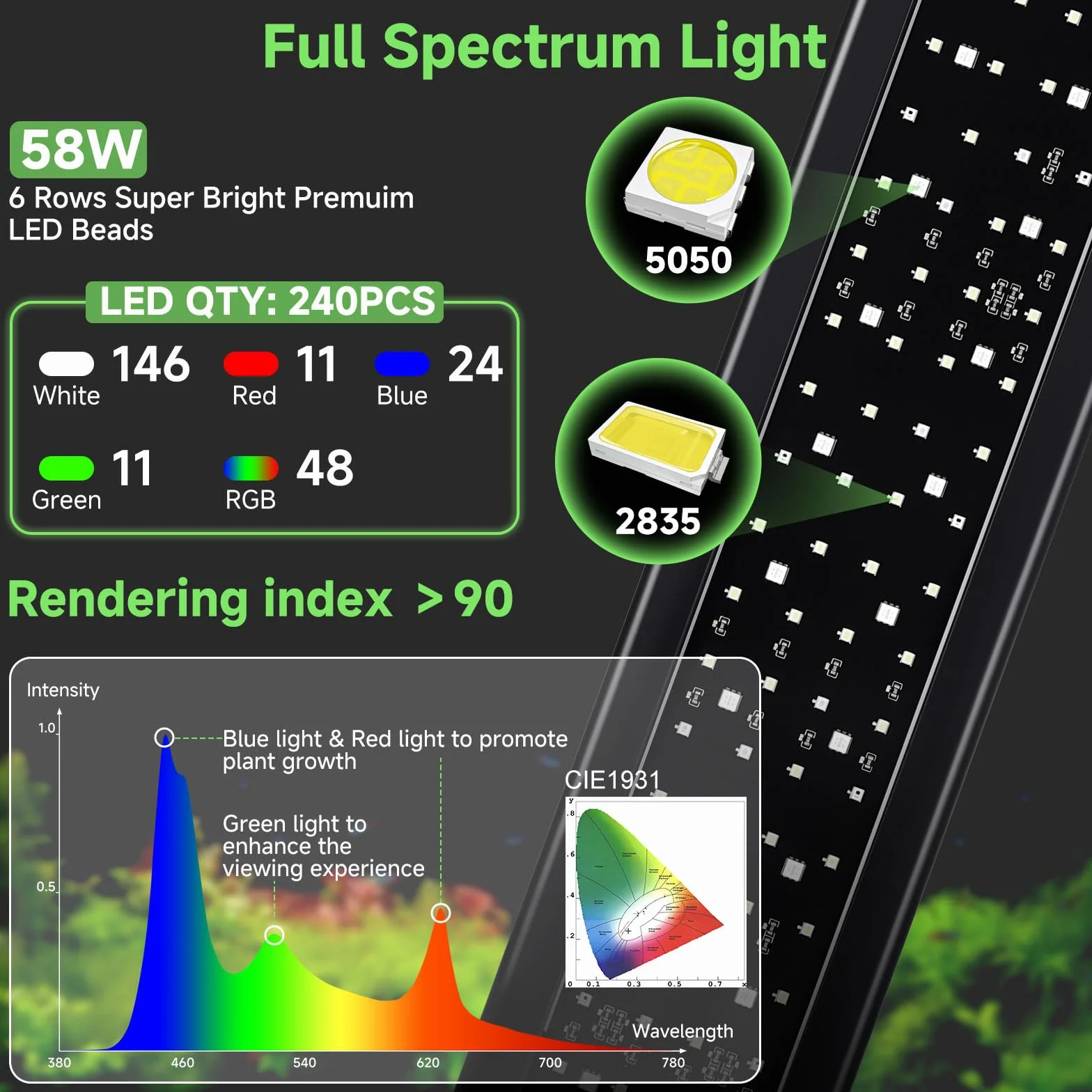 Hygger Oświetlenie LED do akwarium 24/7, lampa z kontrolerem, 5 trybów, 8 kolorów, 58 W, 120-135 cm