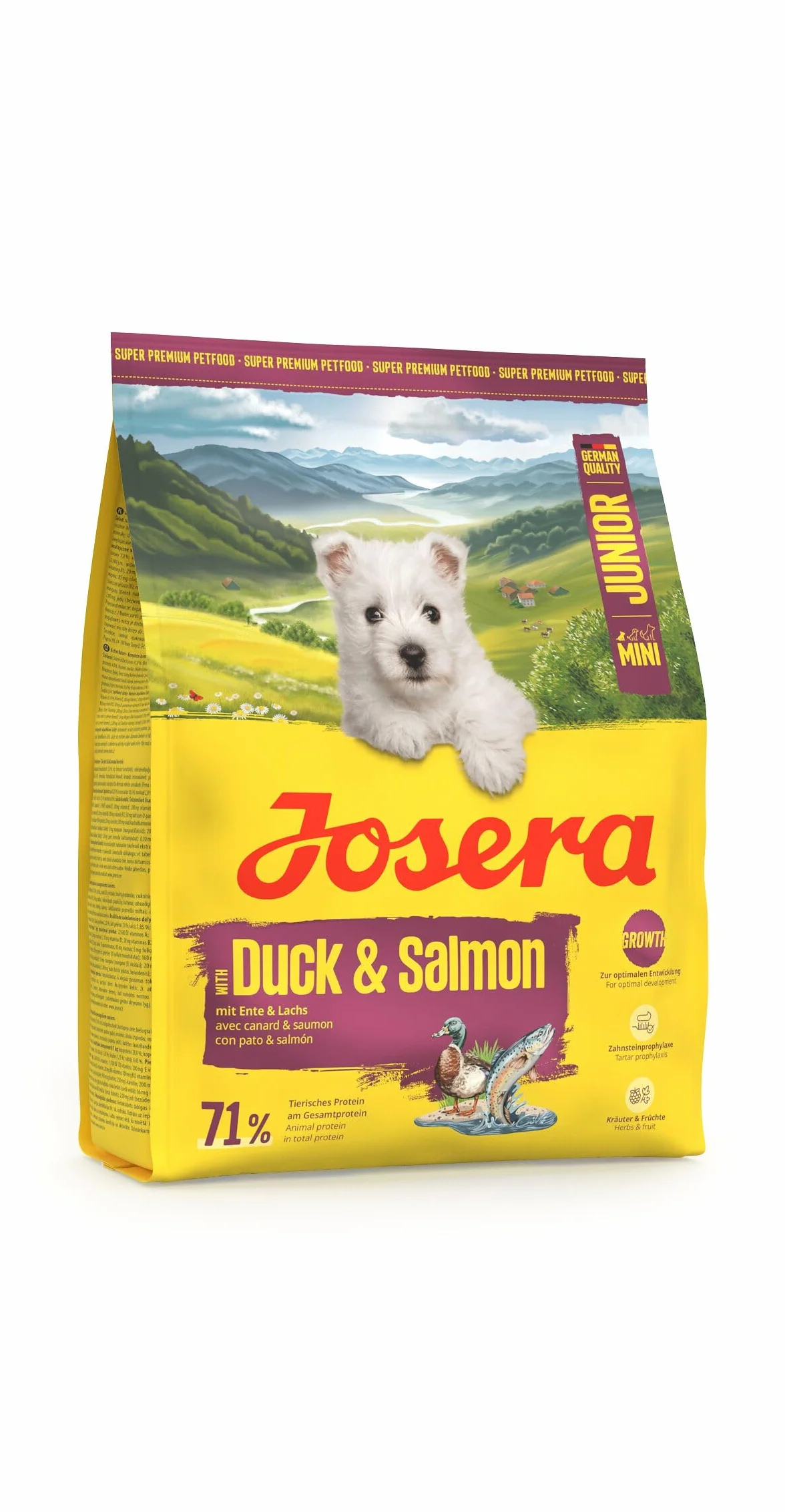JOSERA Mini Junior kaczka i łosoś (1 x 900 g) | sucha karma premium dla rosnących psów do 10 kg od 6. tygodnia | karma dla szczeniaków dla optymalnego rozwoju | małe krokiety | bezglutenowa | 1