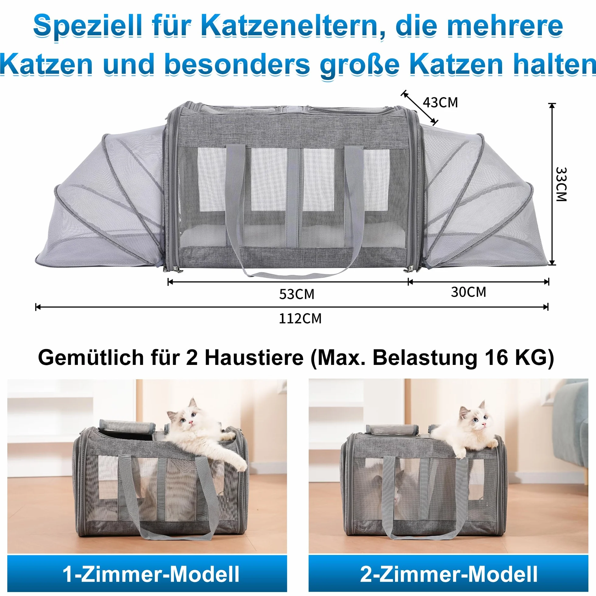 XXL transporter dla kotów i małych psów do 15 kg składany rozszerzalny 53 x 43 x 33 cm beżowy