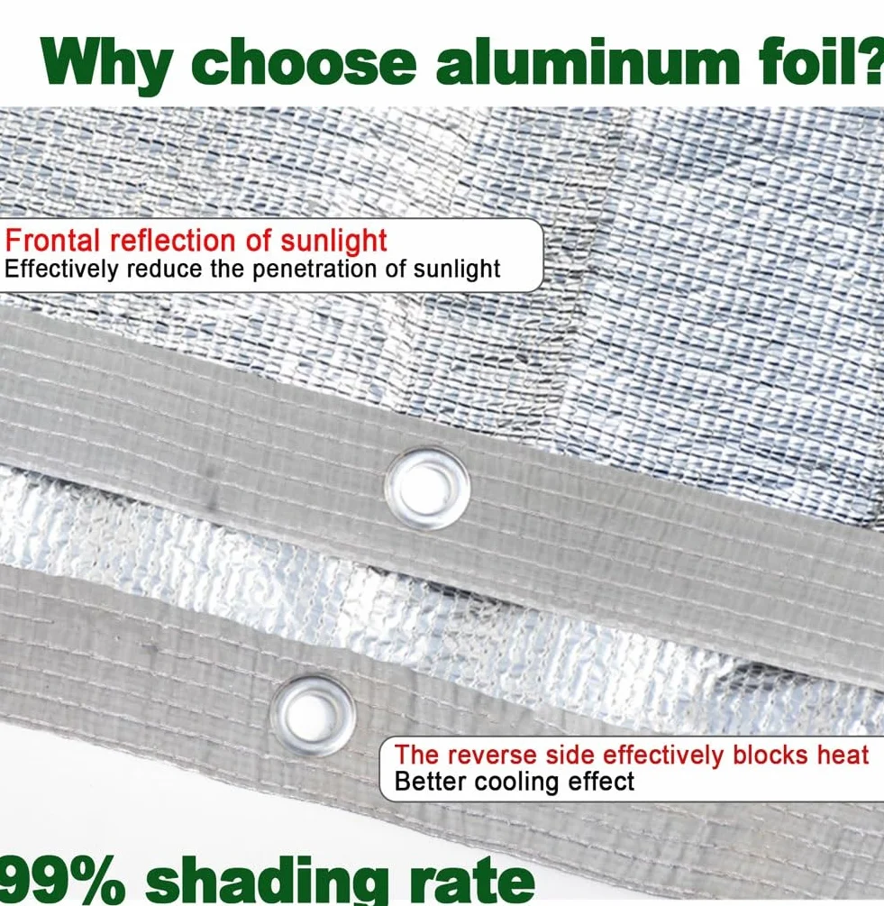 Aluminiowa tkanina zacieniająca 99%, trwała osłona przeciwsłoneczna siatka plandeka z przelotkami, odblaskowa plandeka chroniąca przed słońcem tkanina do samochodów, psów, roślin i mebli ogrodowych