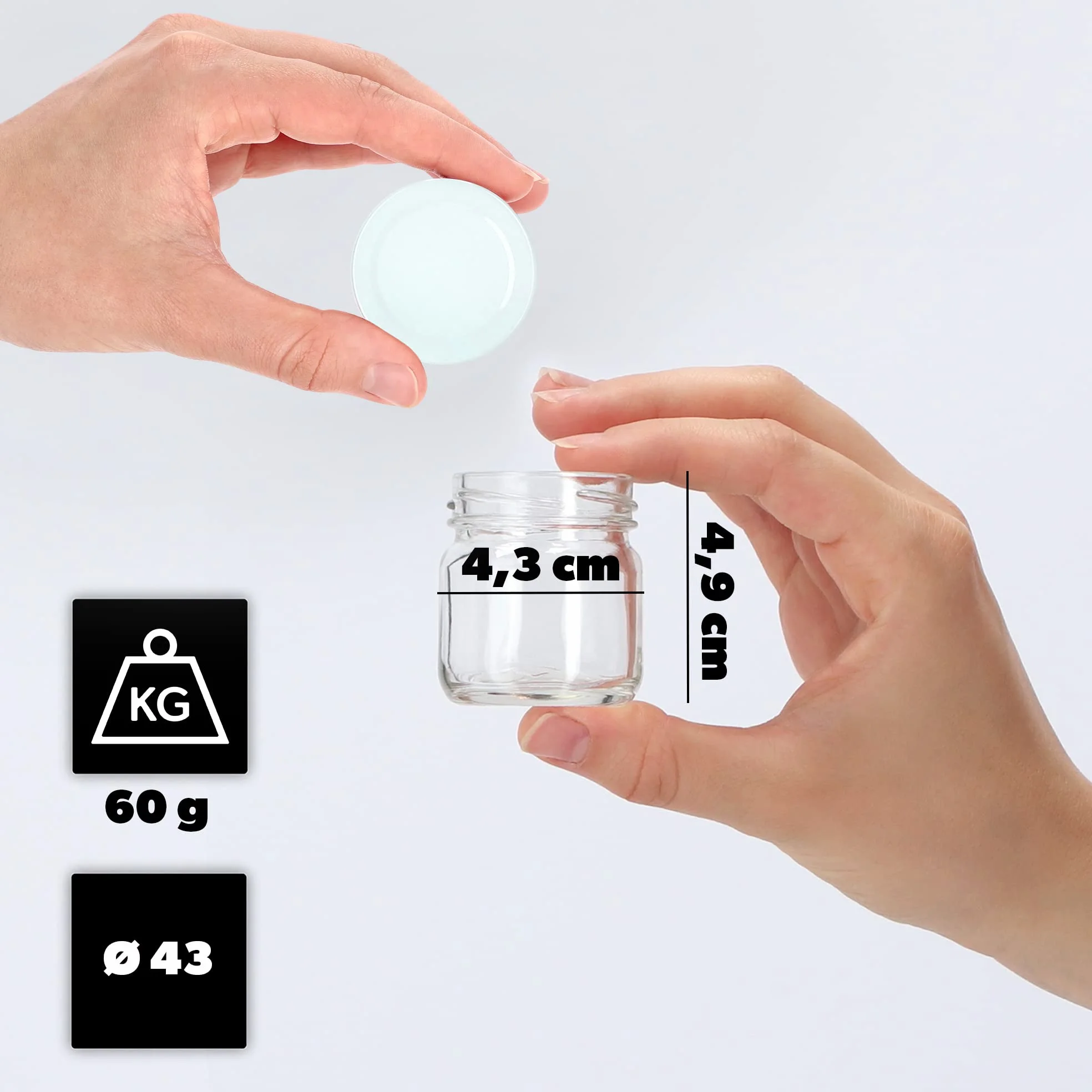 KADAX Zestaw 20 szt. mini słoiczków szklanych 40 ml z białą zakrętką fi 43 mm do przypraw, próbek, dżemu, miodu i przetworów