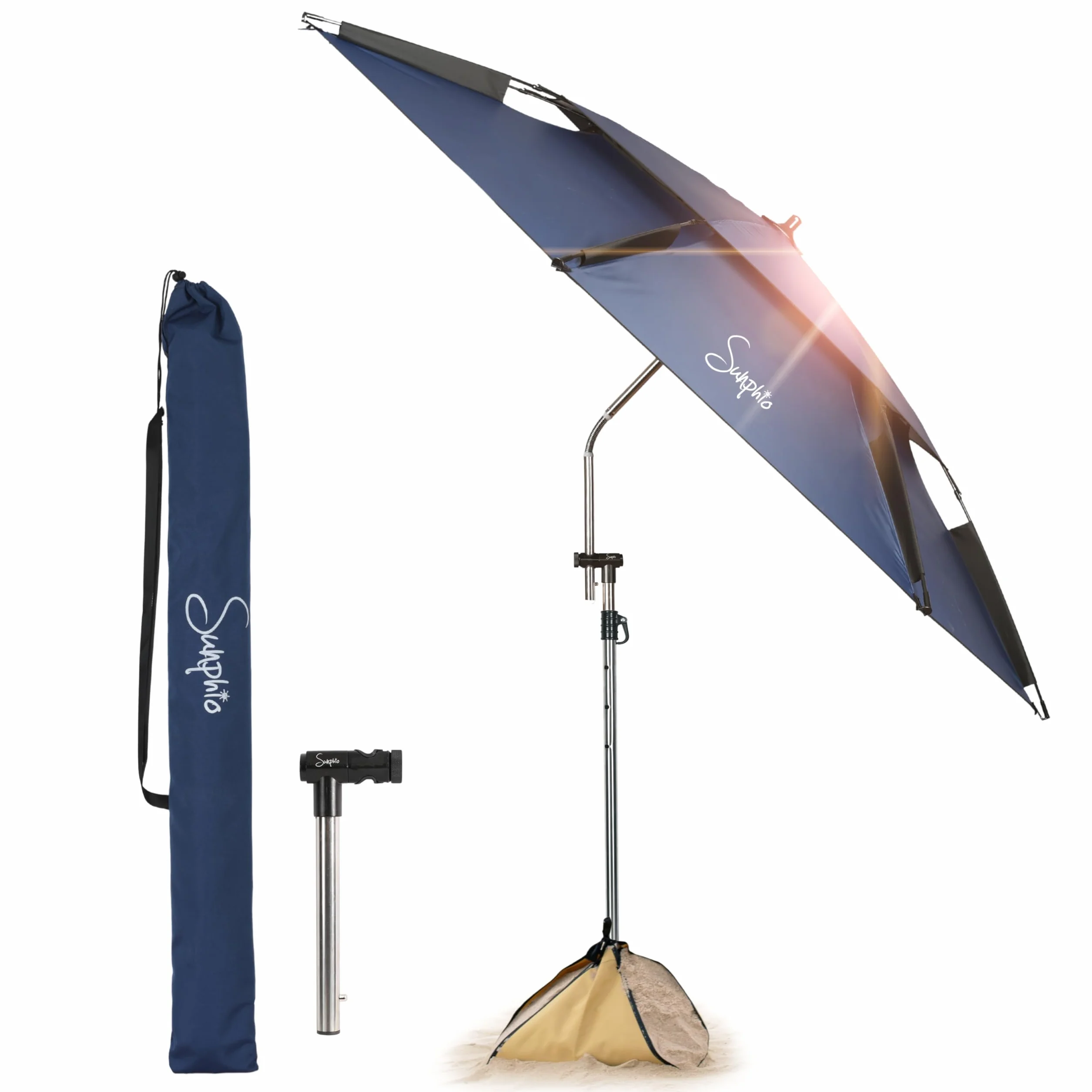Sunphio Parasol Plażowy 220 cm, Odporny na Wiatr, Ochrona UV 50+, Duży Lekki Parasol Podróżny z Kotwicą, Do Ogrodu i Plaży