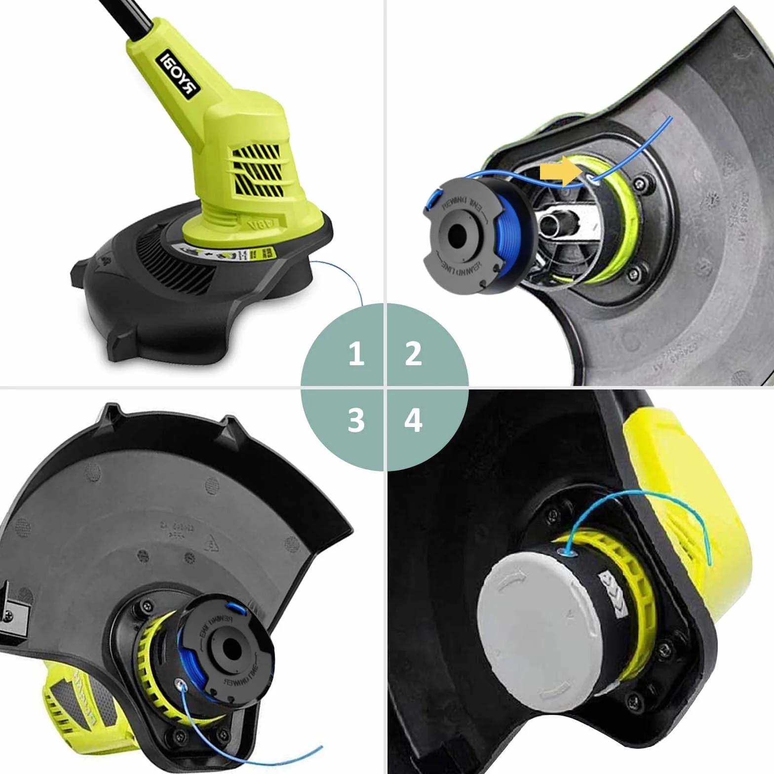 YWTESCH 6 sztuk AC14RL3A Cewka Zamienna żyłka kompatybilna z Ryobi One + 18 V 24 V 40 V, Ø 1,65 mm i długość szpuli linowej 3,4 m, zawiera 6 sztuk cewki i 2 szt. nasadek