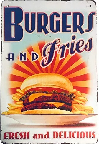 Retro dekoracyjny vintage metalowy znak burgery i frytki znaki grzechu nostalgiczny USA burger