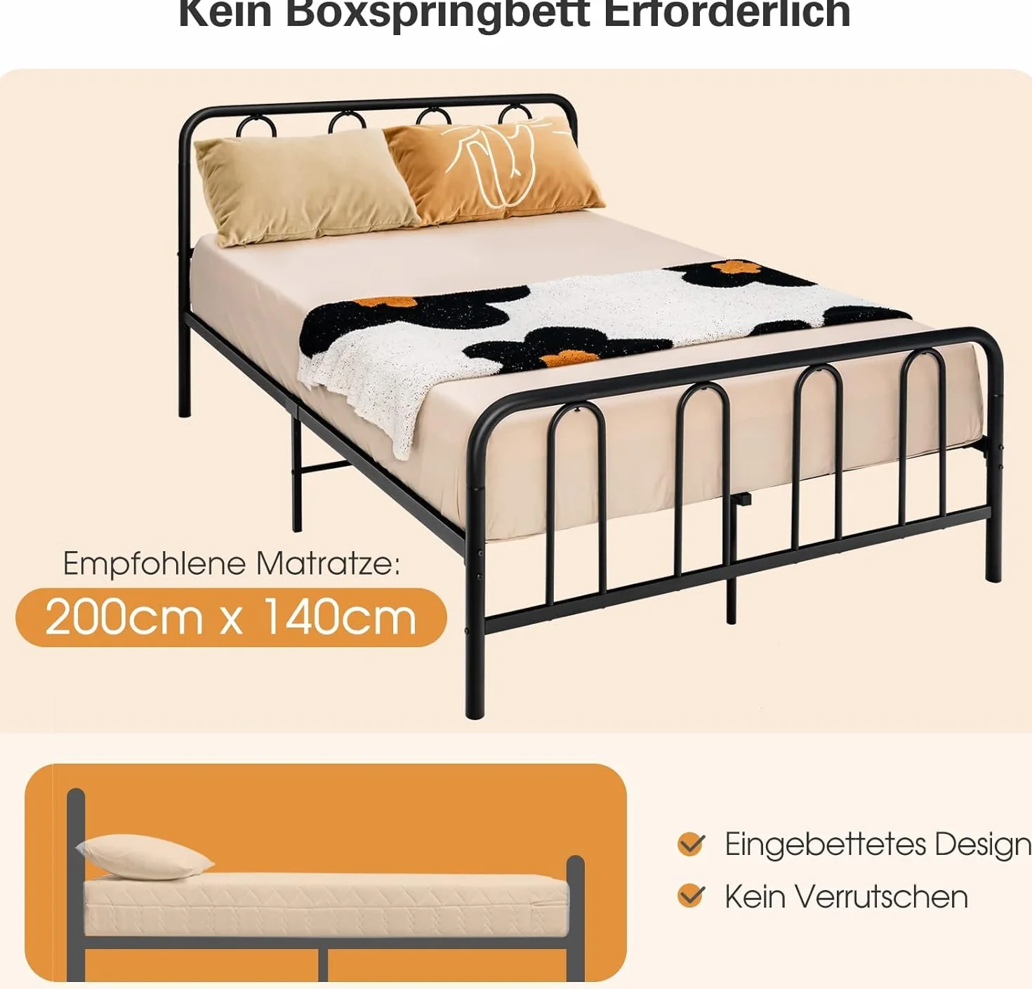 Costway Metalowa rama łóżka, na materac 200 x 140 cm, rama łóżka podwójnego, ze stelażem, z miejscem do przechowywania pod łóżkiem, metalowe łóżko dla gości