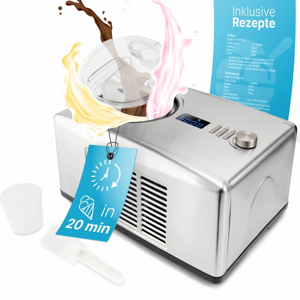 ProfiCook® maszyna do lodów i jogurtu w jednym, lód w 20 min, do 1500 ml, maszyna do lodów z kompresorem, do lodów i mrożonego jogurtu, w zestawie przepisy kulinarne, szpachelka do lodu i kubek z