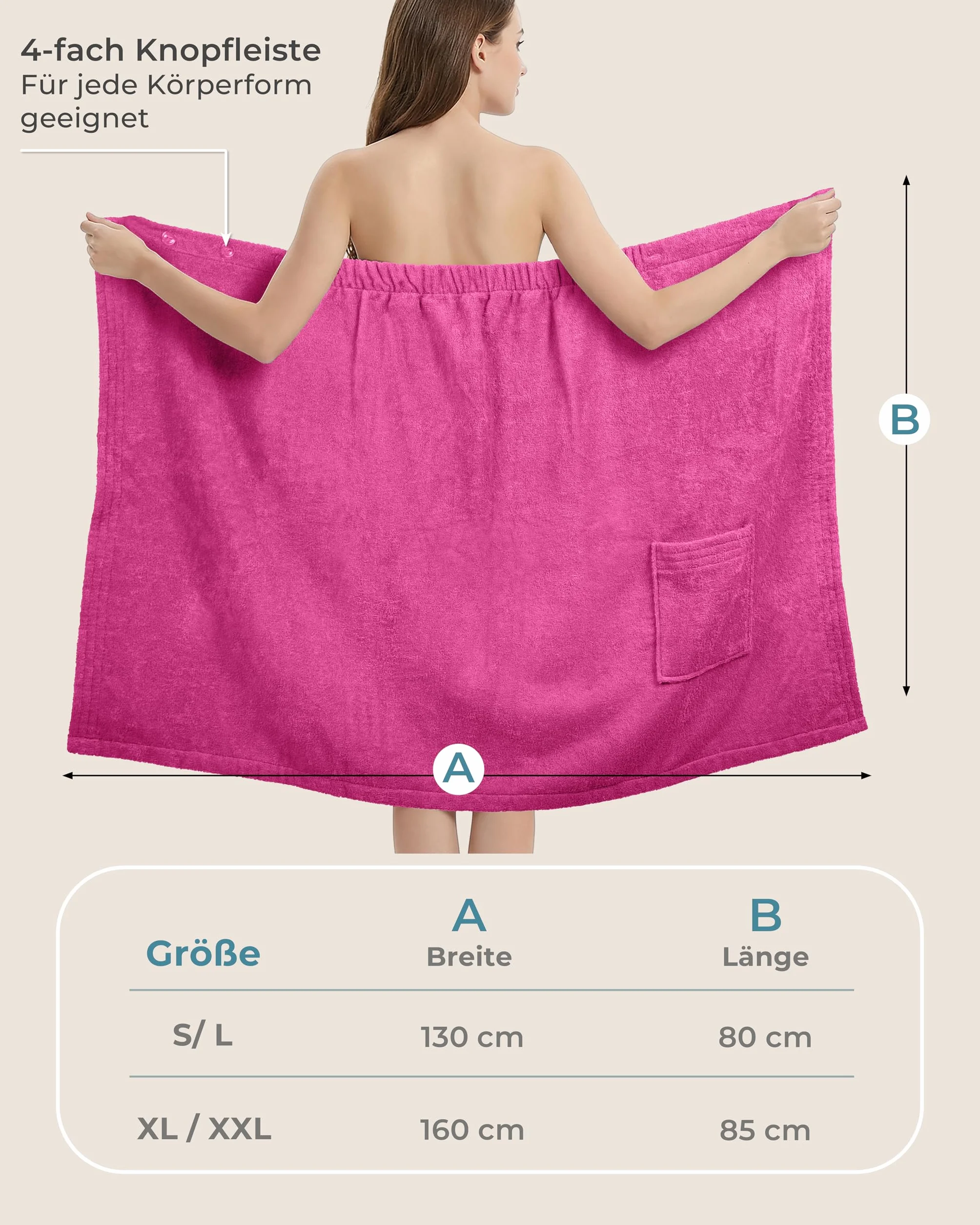 LAYNENBURG Damski kilt do sauny klasy premium, z zapięciem na guziki, 10% bawełna, Öko-Tex 100, damski ręcznik do sauny, frotte, kilt z gumowym ściągaczem do spa, spa i sauny (S-L fuksja)