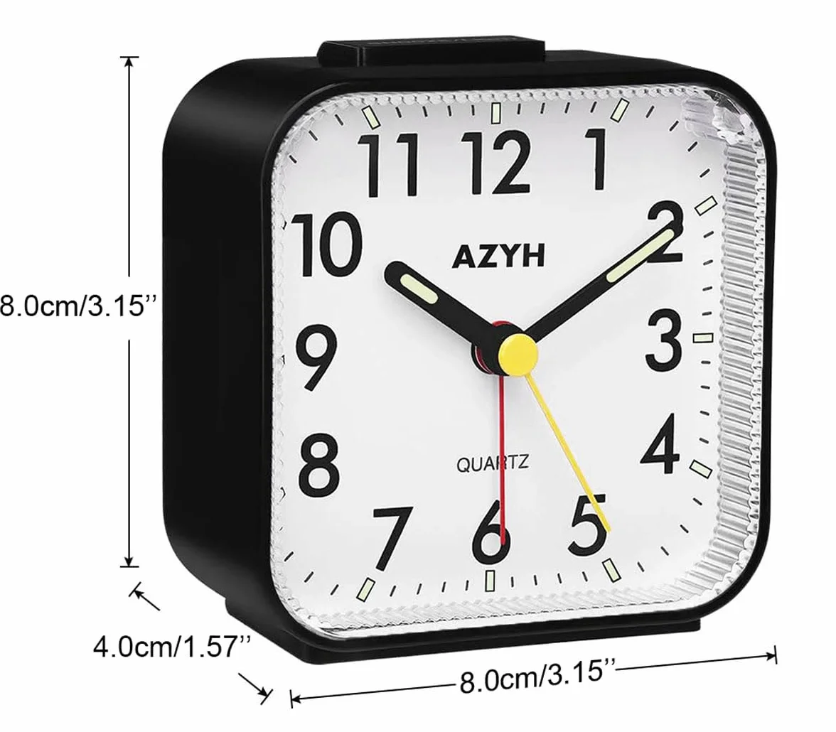 Azyh Analogowy budzik bez tykania, ze światłem, zasilany bateriami, głośny alarm, funkcja drzemki, cichy, świecący, przenośny, cichy, mały budzik podróżny dla osób głęboko śpiących