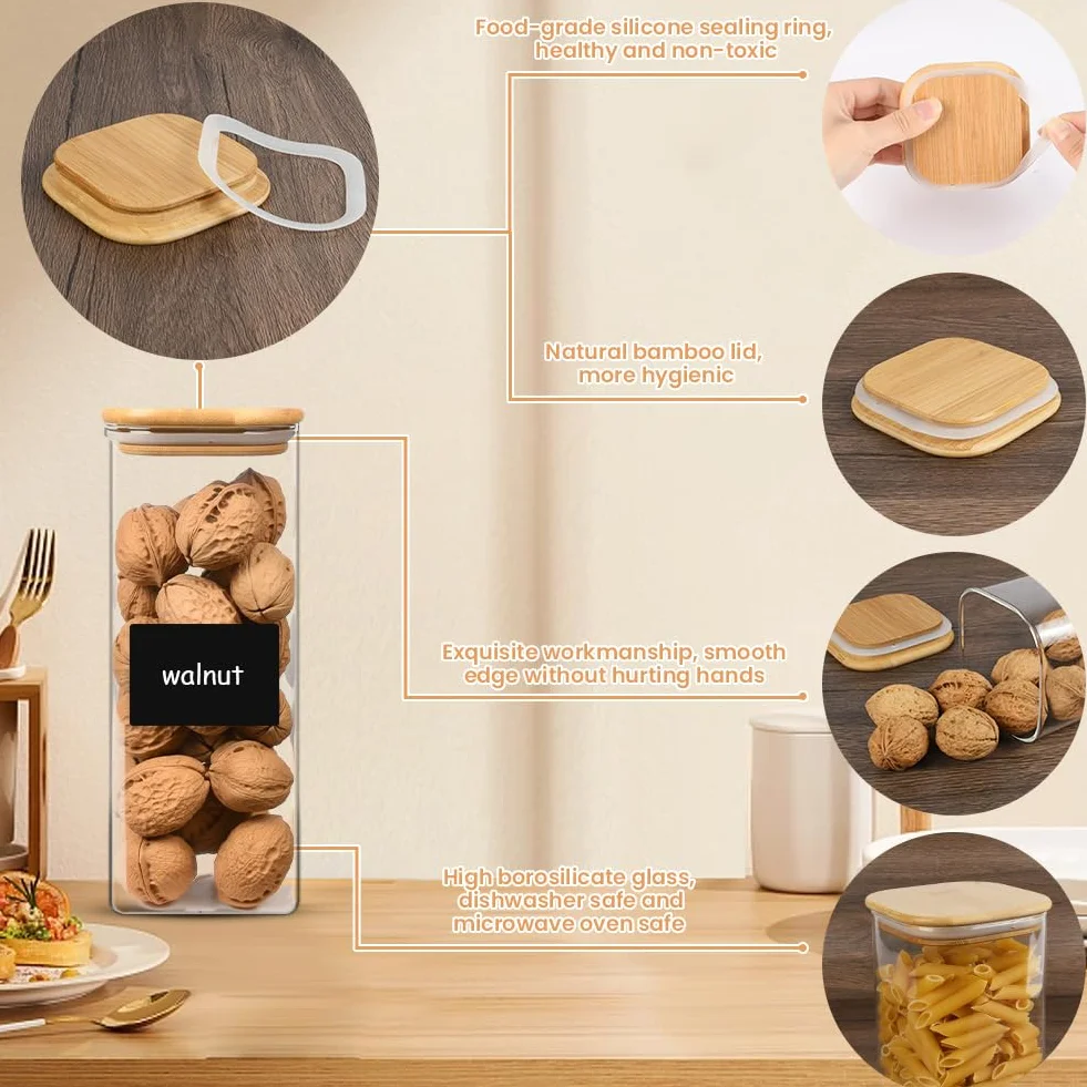 Przezroczysty,6 szt 1000 ml/600ml hermetyczny pojemnik do przechowywania żywności,pojemników do przechowywania spiżarni kuchennej z bambusowymi pokrywkami z naklejką,kwadratowe szklane słoiki na