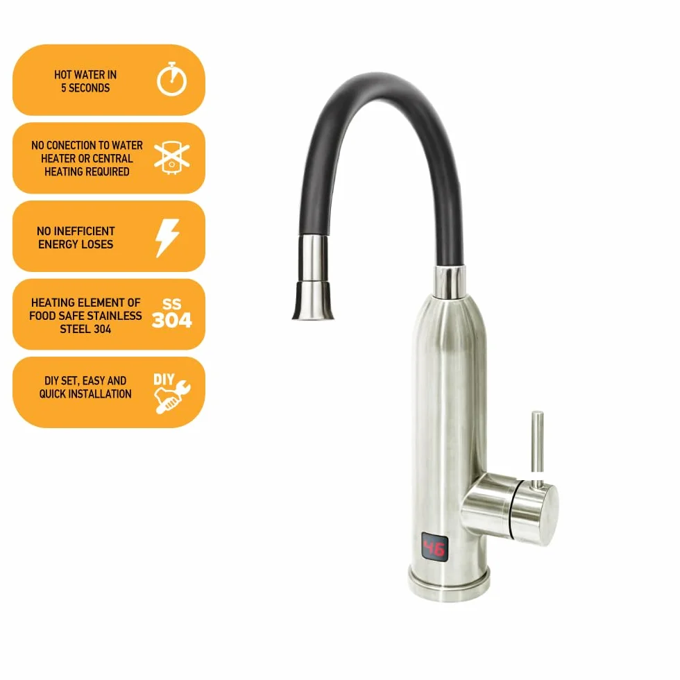 HOGART Elektryczny kran ze zintegrowanym podgrzewaczem przepływowym 230 V do kuchni, ogrodu, łazienki, przyczepy kempingowej, Smart Heater, armatura z natychmiastowym podgrzewaczem wody, kran ciepłej