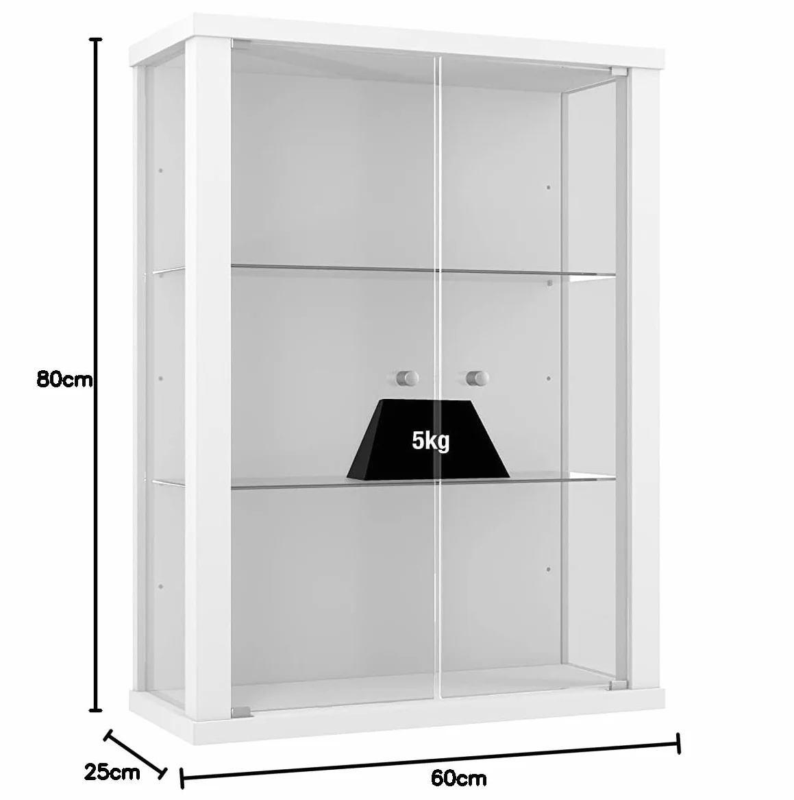 witryna wisząca szklana w kolorze białym (80x60x25 cm) z 2 regulowanymi półkami szklanymi - gablota na modele samochodów biała - szafka gablota biała - witryna kolekcjonerska