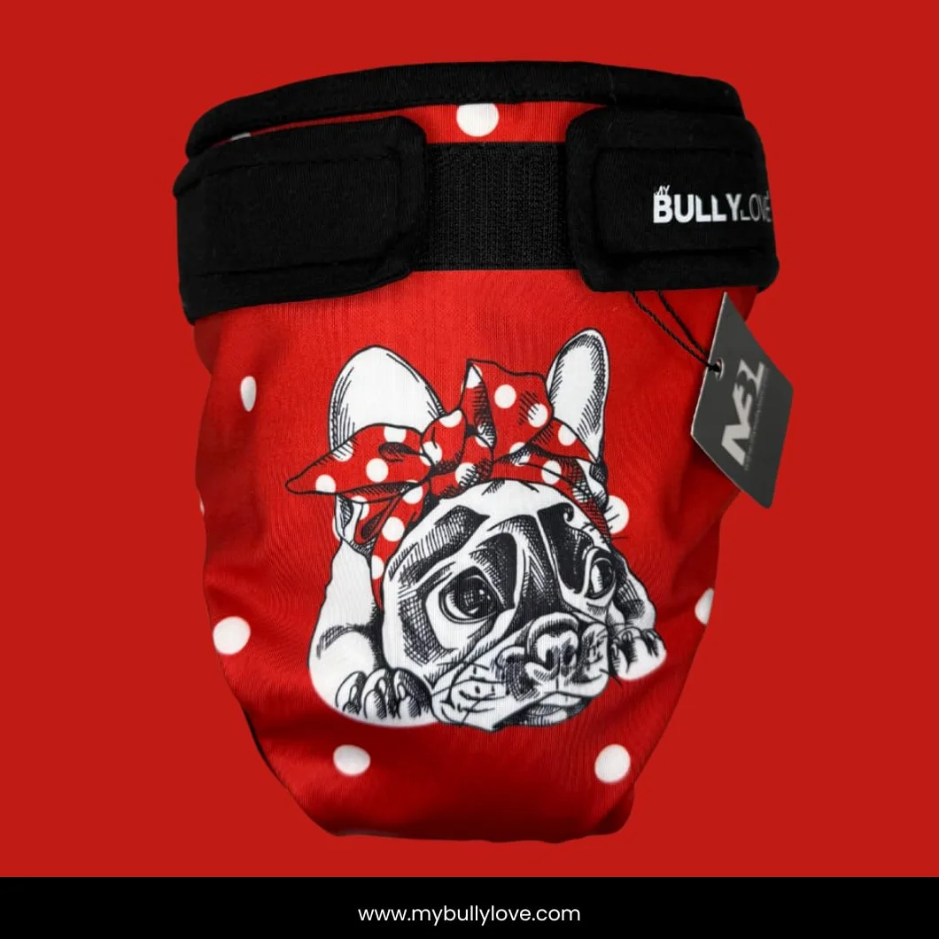Red Bully Majtki na ruję dla buldogów francuskich pieluchy wielokrotnego użytku bez otworu na ogon regulowane obwód bioder 42-47
