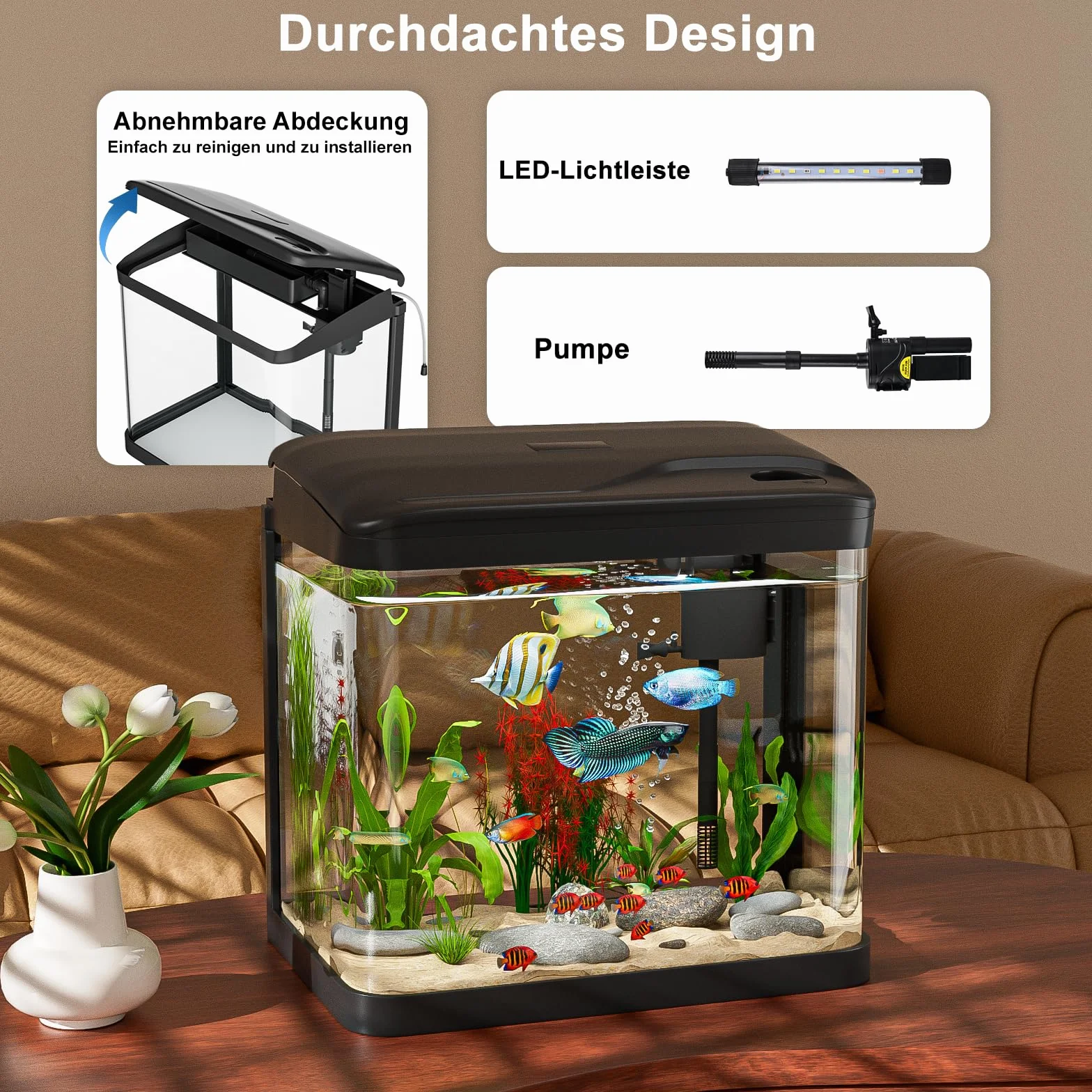 GuKKK Nano akwarium, kompletny zestaw, 15 l, stabilny basen dla początkujących z oświetleniem LED i wbudowanym systemem filtrowania, do ryb, basenów Aquarii, odporny na uderzenia, czarny