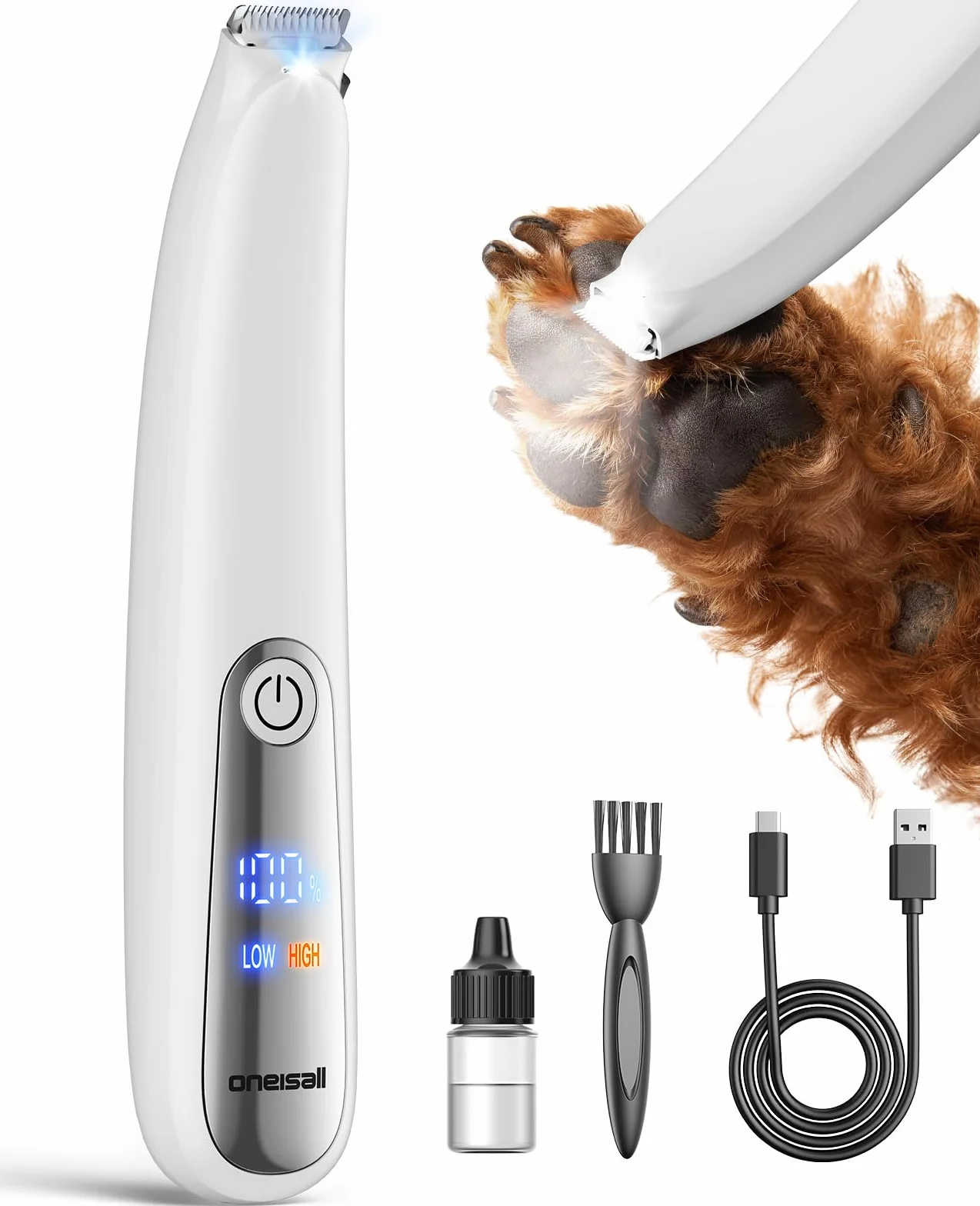 oneisall Maszyna do strzyżenia kotów LED cicha podkaszarka do łap psów biała