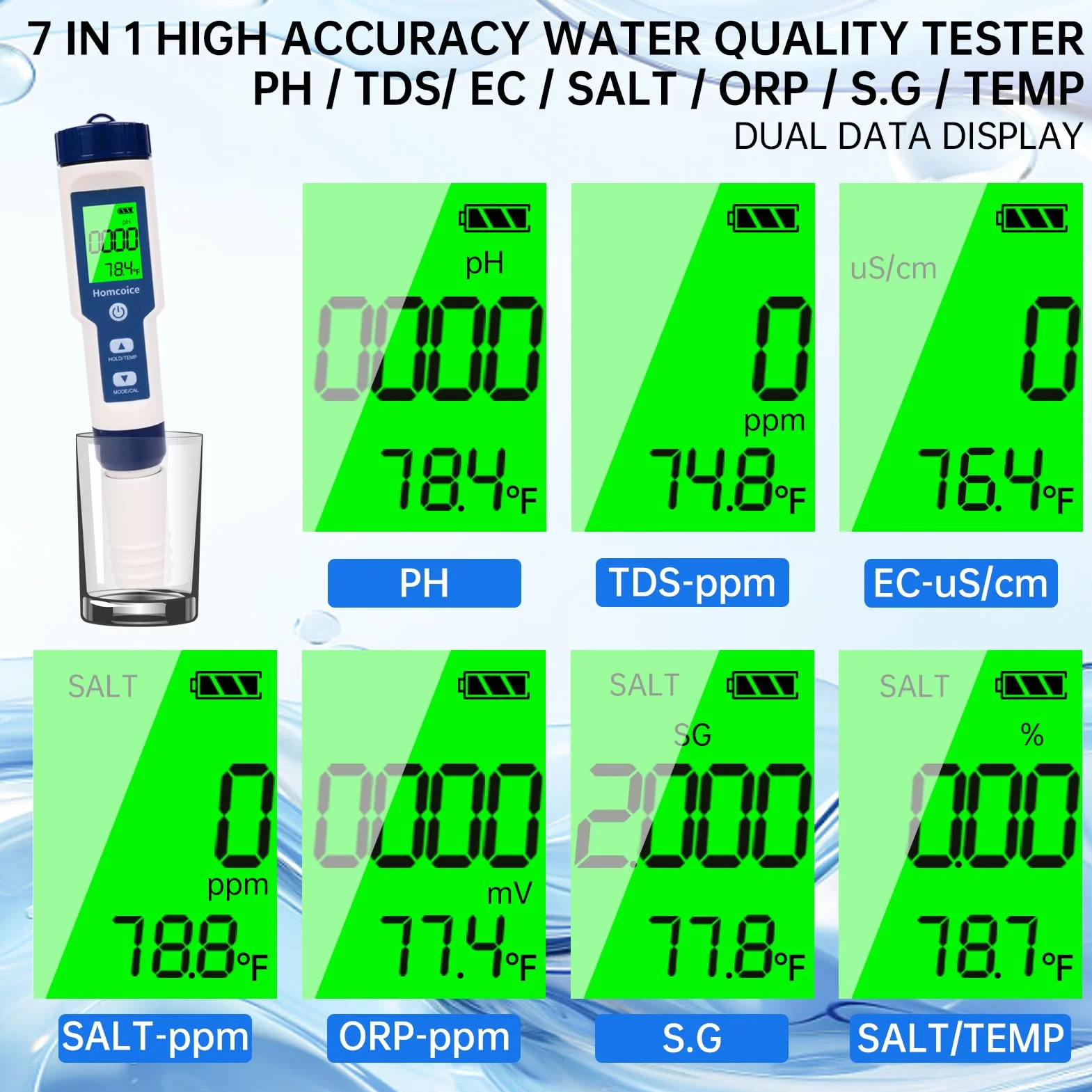 Miernik pH 7 w 1 z TDS EC Salinity S.G ORP, profesjonalny tester pH, miernik zawartości soli, wodoszczelność IP67, precyzyjny cyfrowy miernik pH basenu z funkcją ATC