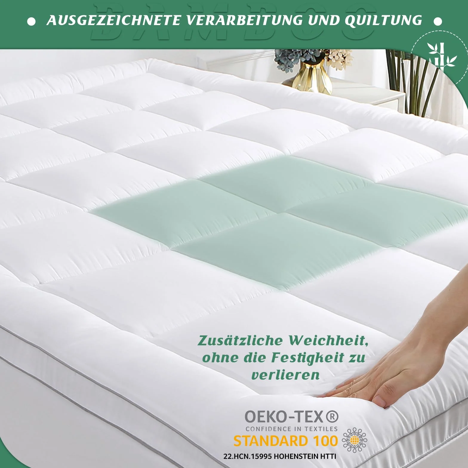 Materac nawierzchniowy 150 x 200 cm, wiskoza z bambusa, bardzo gruba, bardzo miękka nakładka na materac, głęboka kieszeń, rozciąga się do 30 cm, oddychająca i Öko-Tex